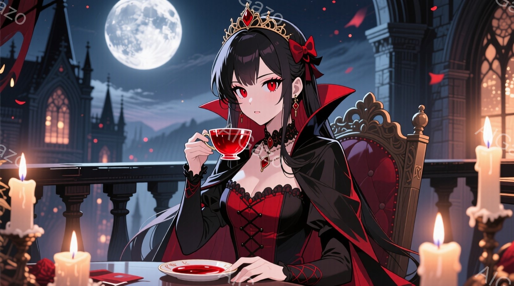 深紅のドレスと黒いケープを身につけた少女が、豪華な椅子に座って赤い液体が入ったカップを手にしている。彼女は長い黒髪を後ろでまとめ、頭には小さな冠を載せ、赤い瞳で何かを思案しているようだ。背景には、ゴシック様式の建物群と満月が輝き、蝋燭の灯りが幻想的な雰囲気を醸し出している。