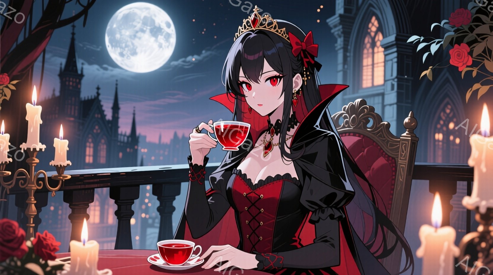 深紅のドレスと黒い髪の少女が、夜景を背景に優雅にティーカップを手にしている。ドレスはコルセット風のデザインで、首元には繊細なリボンが飾られ、彼女は少し微笑んだ表情で、落ち着いた雰囲気を醸し出している。背景にはゴシック様式の建物群が広がり、月明かりの下、夜の静寂と優雅さが漂う。
