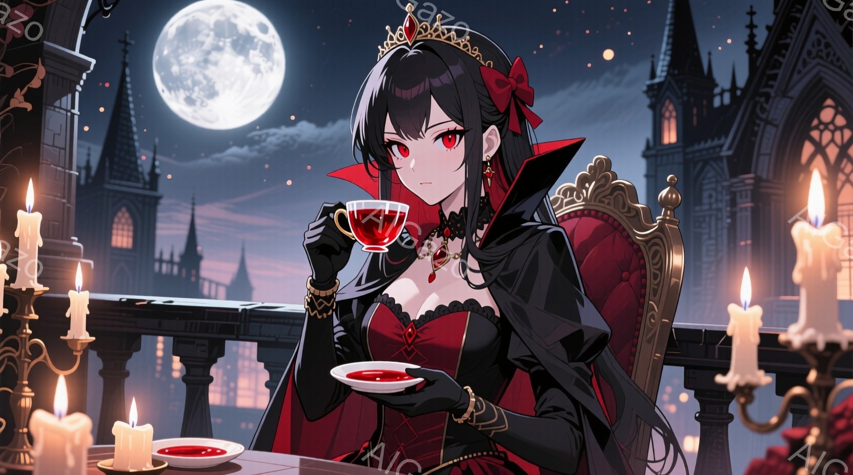 暗い背景に、赤いドレスと黒いケープを身につけた女性が描かれています。彼女は黒髪を三つ編みにし、赤い瞳で優雅にティーカップを持っています。背景には、月明かりに照らされたゴシック様式の建物が立ち並び、豪華でありながらも少し不気味な雰囲気を醸し出しています。