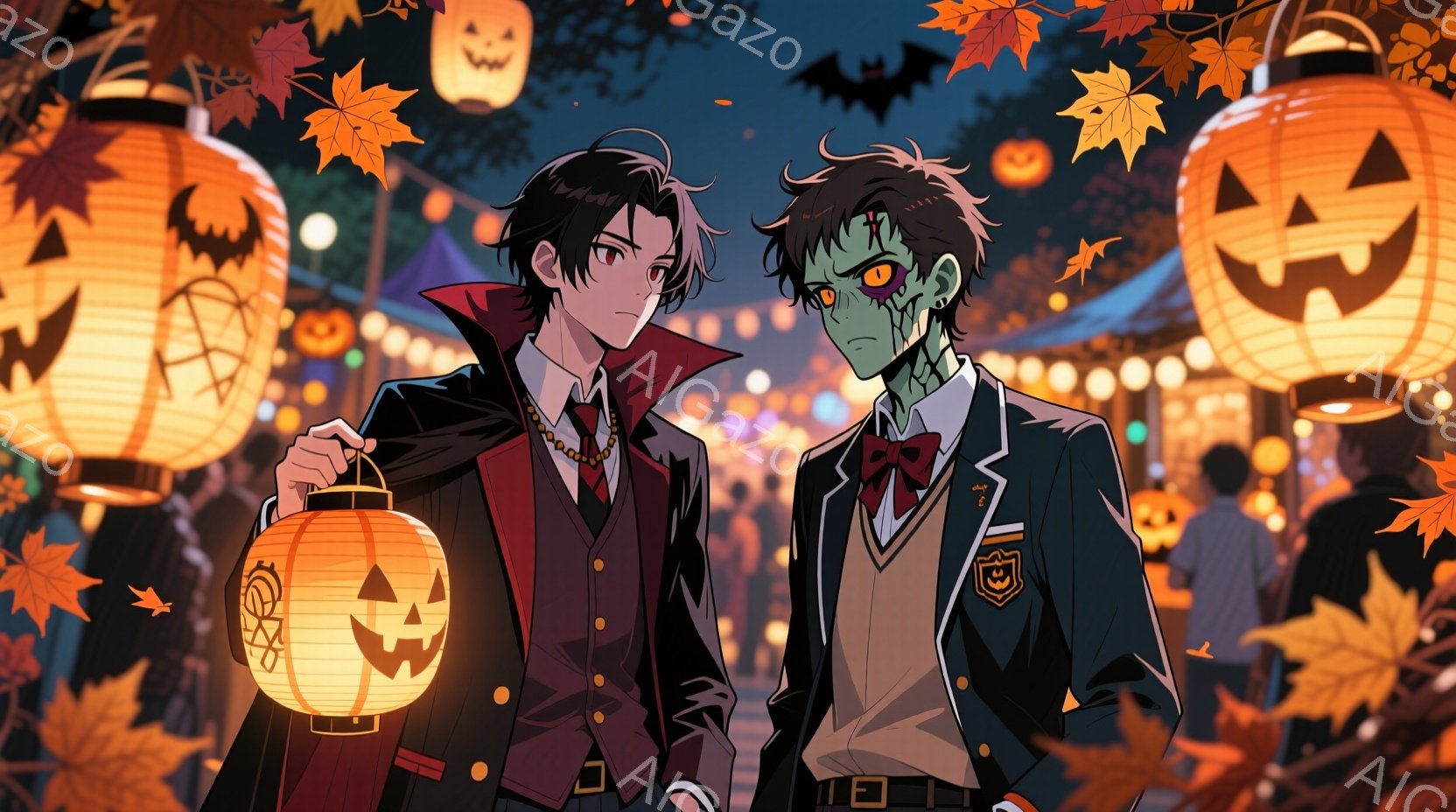 ハロウィーンの装飾で飾られた夜の街並みが描かれています。一人の男性は、赤いジャケットと黒いシャツを着て、カボチャのランタンを持っており、もう一人はゾンビのような外見で、制服を着ています。背景には、オレンジ色の光を放つ多くのカボチャのランタンや、人々が歩いている様子があり、全体的に賑やかで幻想的な雰囲気を醸し出しています。