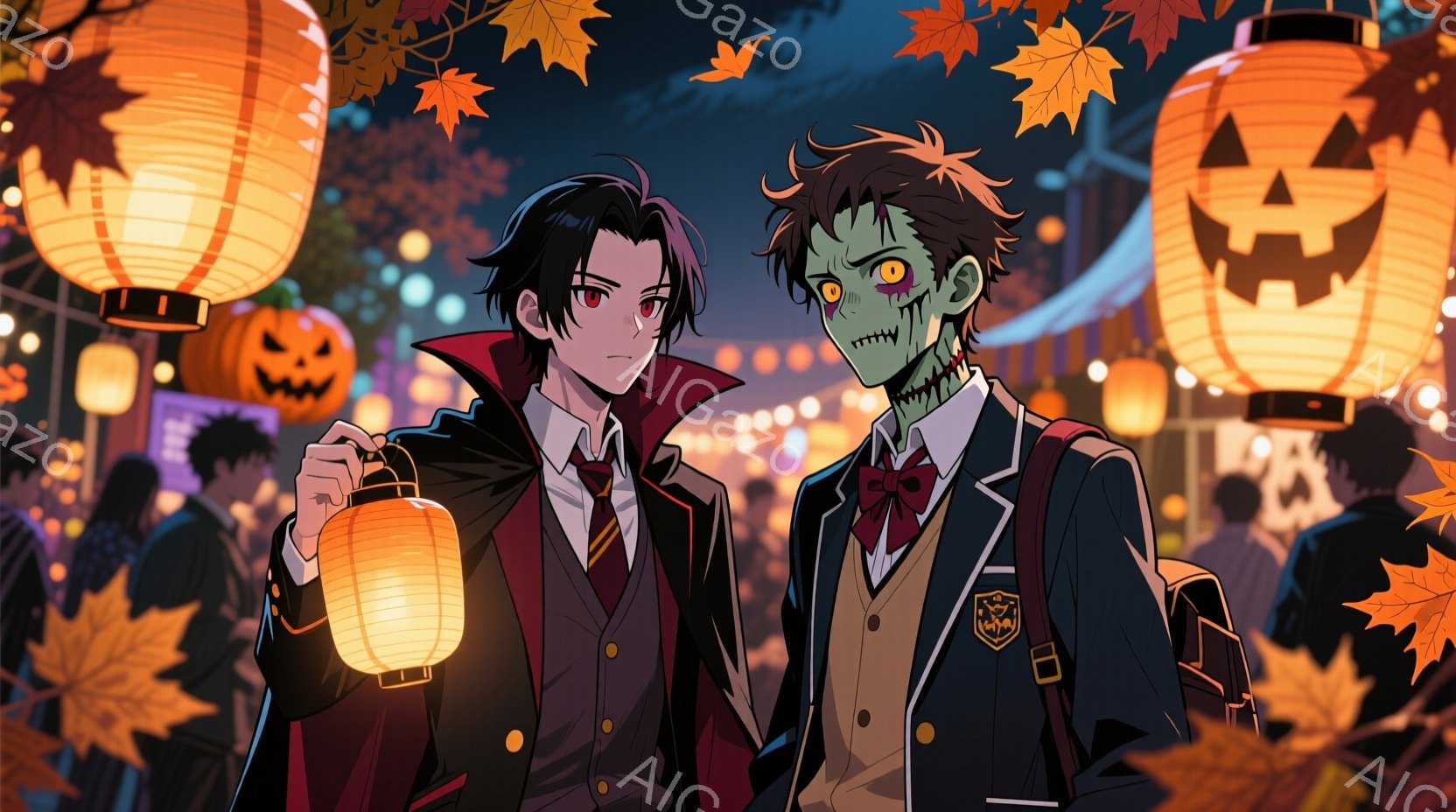 ハロウィンの夜を思わせる賑やかな背景の中、制服を着た二人の少年が描かれている。一人は黒髪で、赤い瞳と少し不機嫌そうな表情をしており、提灯を持っている。もう一人は緑色の肌と傷跡があり、ゾンビのような外見で、赤い蝶ネクタイがアクセントになっている。