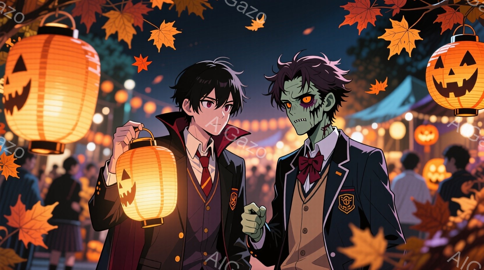 ハロウィーンの夜を思わせる賑やかな背景を背景に、制服を着た2人の少年が描かれています。一人は黒髪で、少し不機嫌そうな表情で提灯を持っています。もう一人は、緑色の肌とゾンビのような特徴を持ち、片手を前に突き出して、少しいたずらっぽい表情をしています。