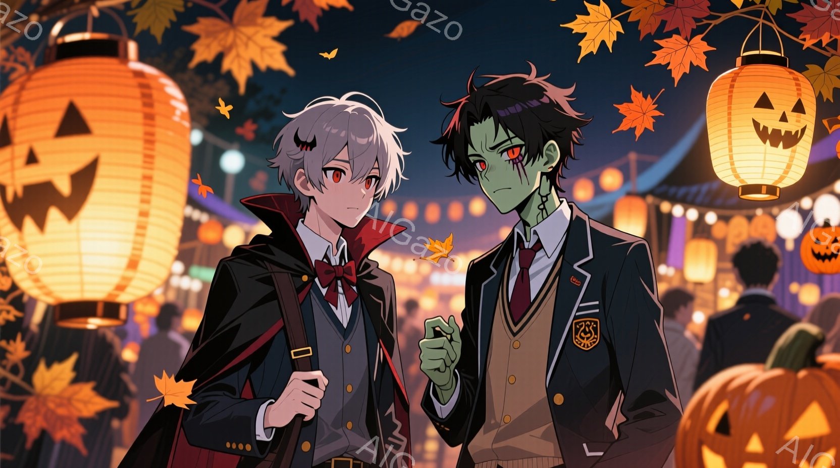 二人の少年がハロウィーンの夜に描かれている。一人は黒髪で、緑色の肌と赤い瞳を持つゾンビ風の服装をしている。もう一人は白髪で、赤いリボンと黒いコートを着ており、少し不機嫌そうな表情をしている。