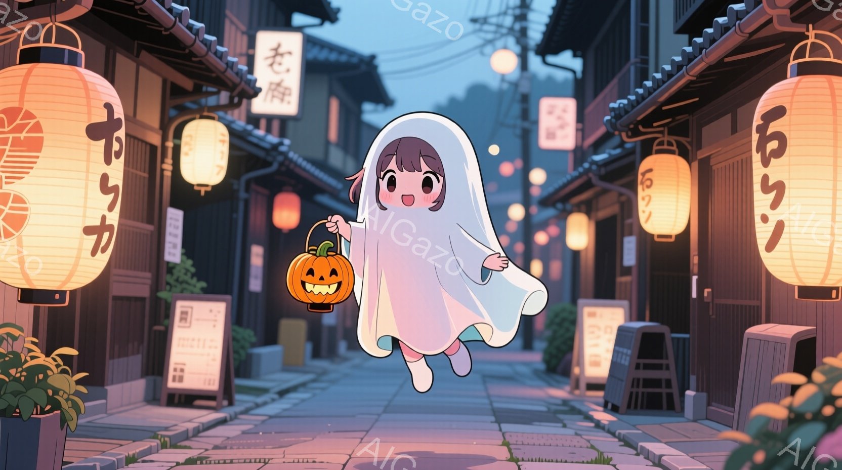 白い布をマントのように羽織った少女が、かぼちゃのランタンを持って跳ね回っています。背景には、古い町並みが広がり、提灯が灯り、緑豊かな植物が添えられています。全体的に、お祭りやハロウィンのような、楽しく暖かい雰囲気が漂っています。