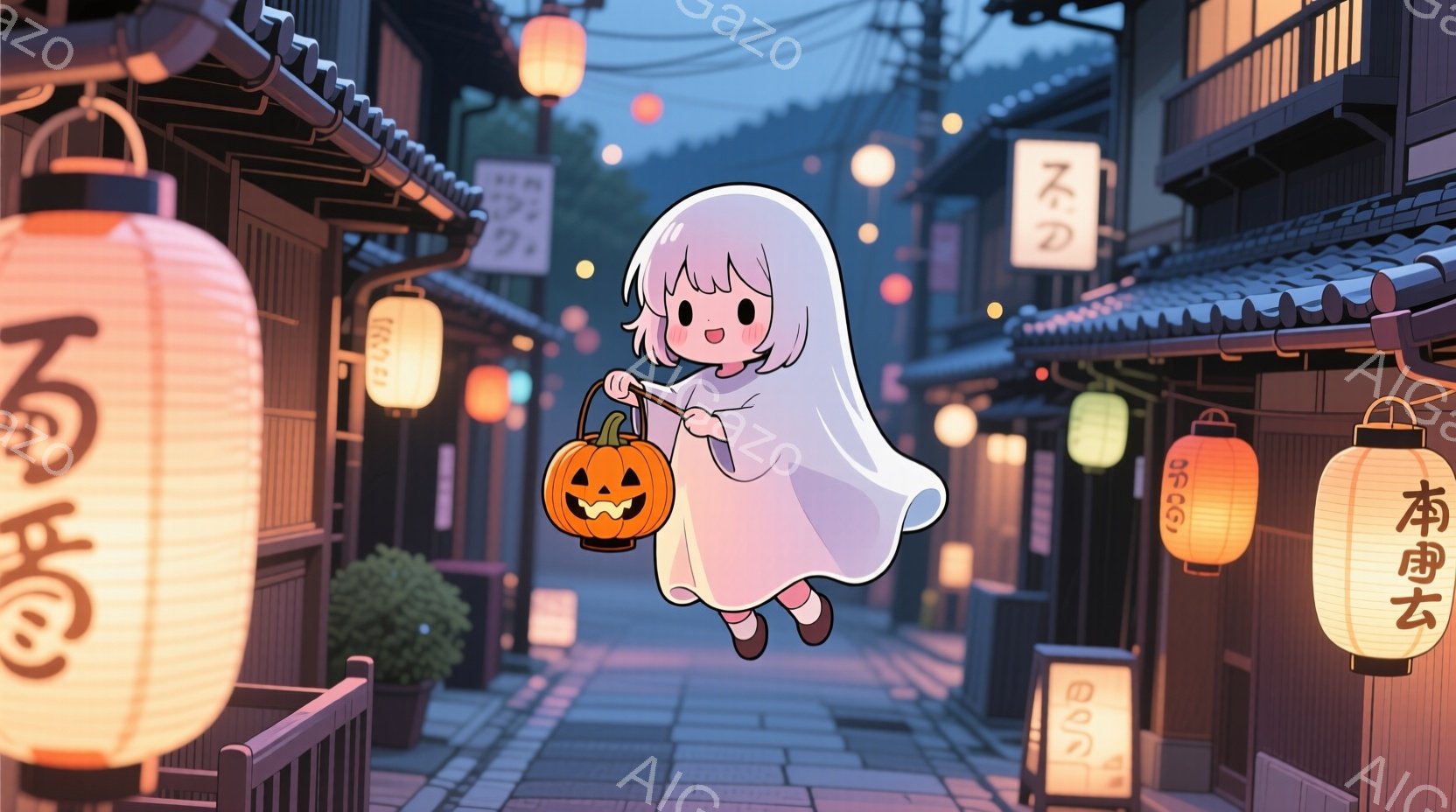 可愛らしい幽霊の女の子が描かれています。彼女は白いローブのような服を着ており、短い茶色の髪をしています。背景は、提灯が飾られた日本の古い街並みで、夕暮れ時の穏やかな雰囲気です。