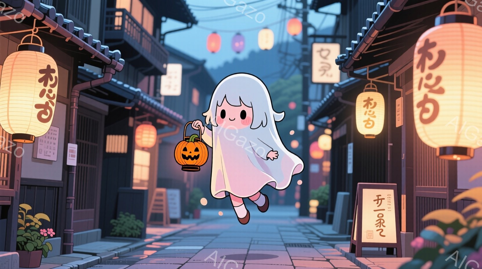 かわいらしいお化けが浮かんでいて、手にオレンジ色のジャック・オ・ランタンを持っています。背景は古い街並みで、木造の建物が並び、提灯が灯っており、夕暮れ時の穏やかな雰囲気が漂っています。石畳の道にはわず - AI生成フリー素材