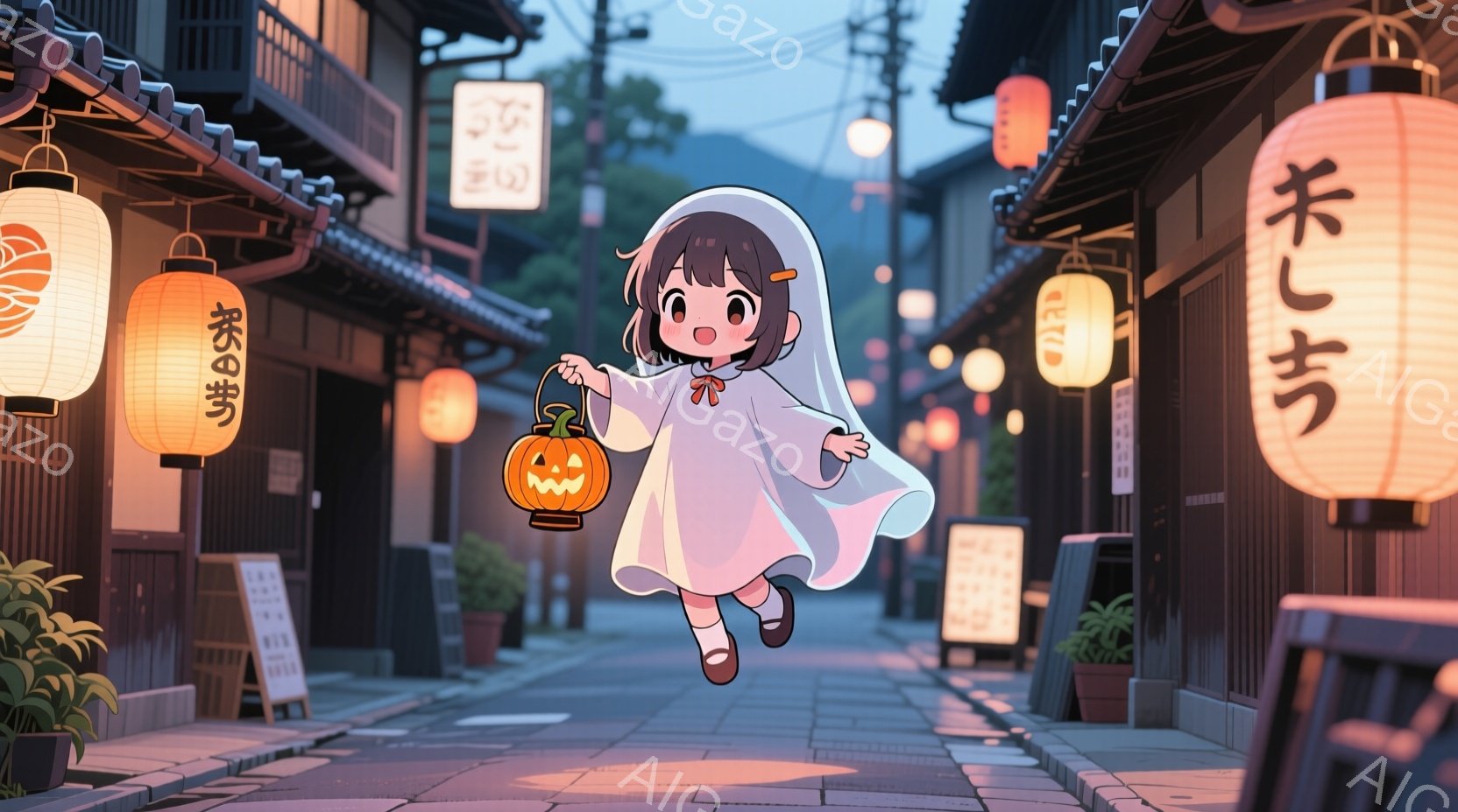 お化けの衣装を着た幼い女の子が描かれています。彼女はオレンジ色のカボチャのランタンを持って、石畳の道の中央を嬉しそうに走っており、黒髪を二つに分けてお化けのフードの下から覗かせています。背景には、伝統 - AI生成フリー素材