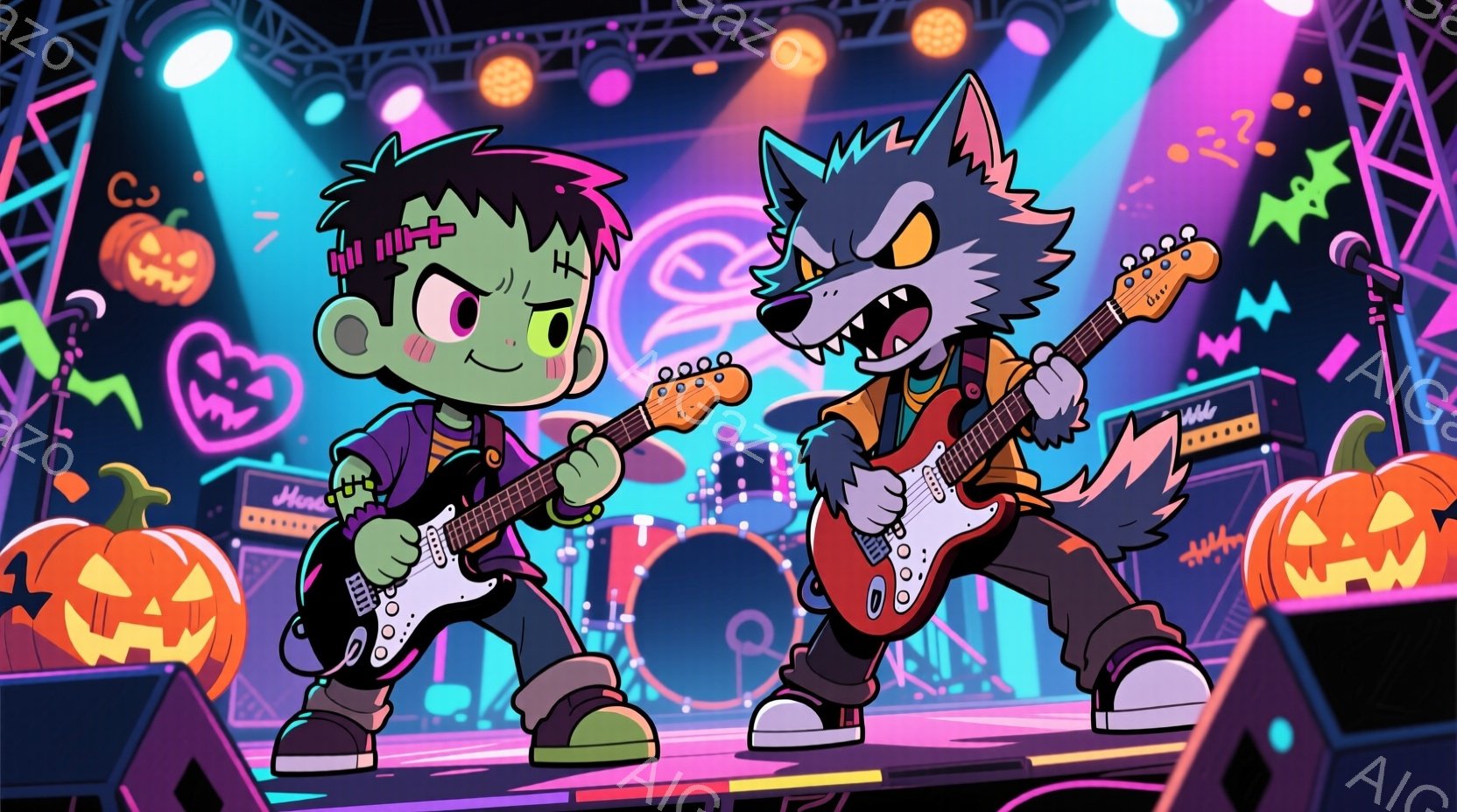 フランケンシュタインのモンスターと狼男が、ステージ上でギターを演奏しているイラストです。モンスターは緑色の肌で、ボルトの付いた髪、紫色のシャツ、緑色のズボン、そして黒いブーツを履いています。狼男はグレーの毛並みで、赤いシャツ、黒いズボン、そして白いブーツを履き、ギターを弾きながら、熱狂的な表情をしています。