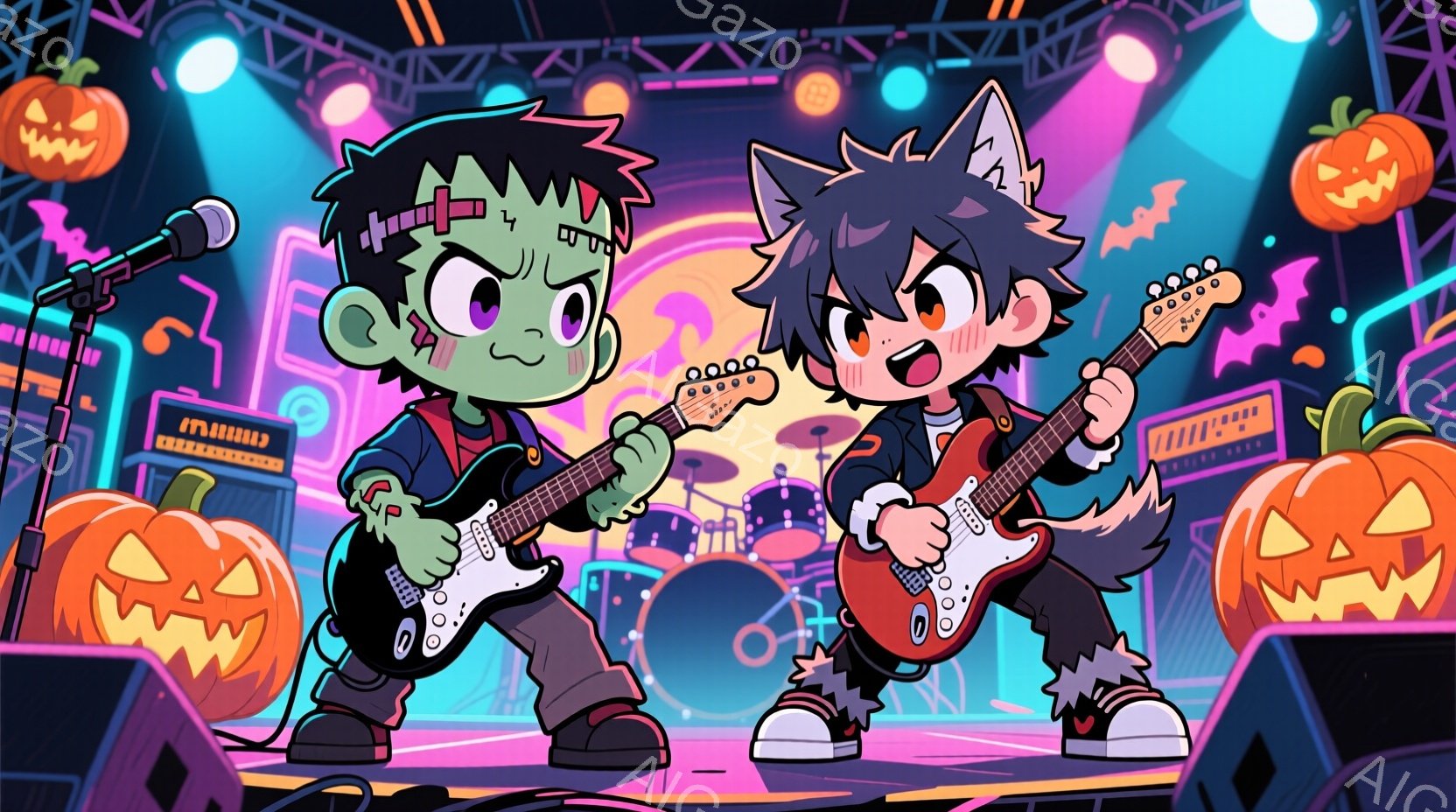 ハロウィーンをテーマにしたロックバンドの演奏風景を描いています。フランケンシュタイン風の少年と狼男風の少年が、それぞれギターを演奏し、ステージ上で熱狂的にポーズをとっています。背景には、カボチャのランタン、バット、アンプなどが配置され、ハロウィーンらしい賑やかな雰囲気を醸し出しています。