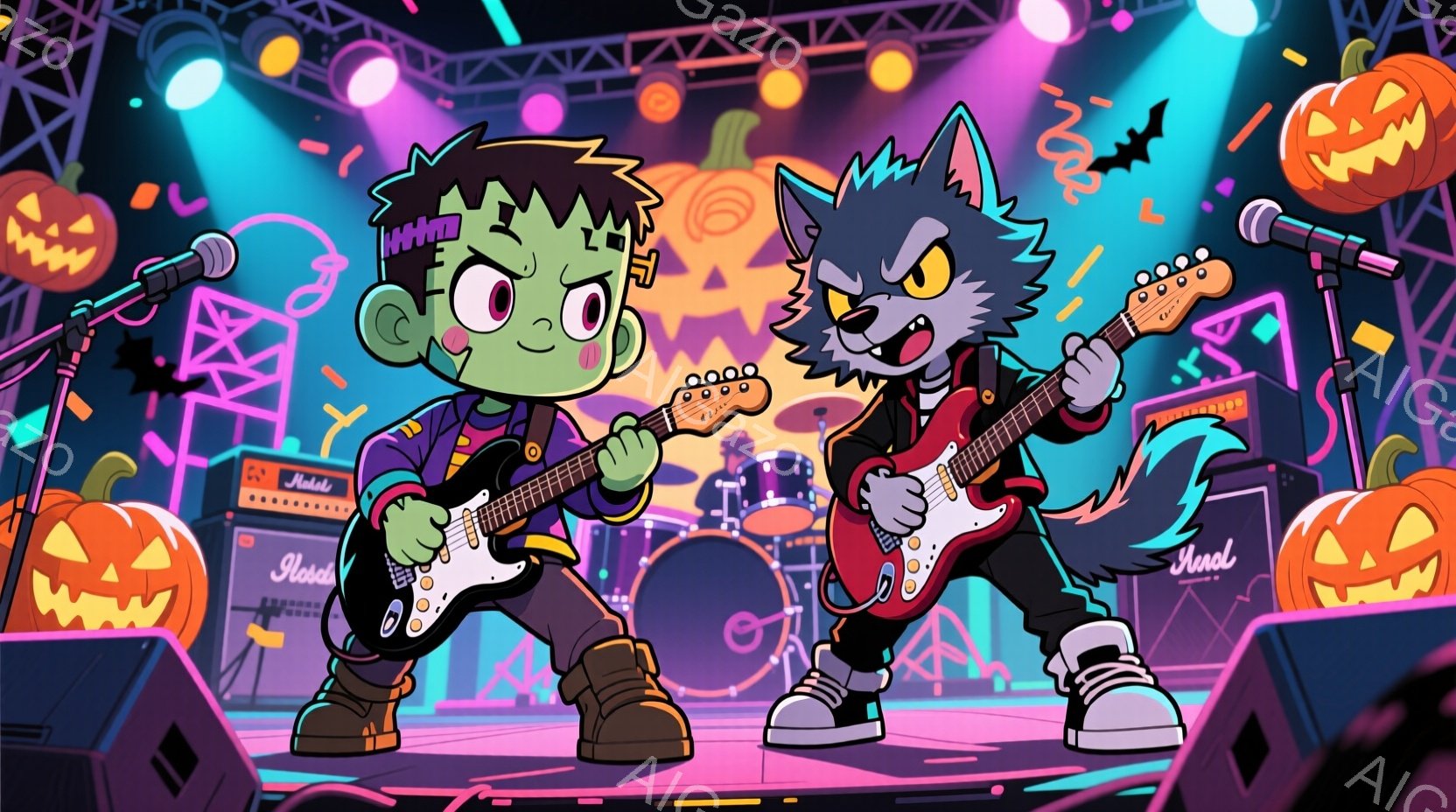 ハロウィーンをテーマにしたバンドがステージで演奏しているイラストです。フランケンシュタイン風の少年と狼男風のキャラクターがそれぞれギターを弾き、熱狂的なパフォーマンスを繰り広げています。背景には、ハロウィーンの装飾や照明、ドラムセット、アンプなどが配置され、賑やかなライブ会場の雰囲気が表現されています。