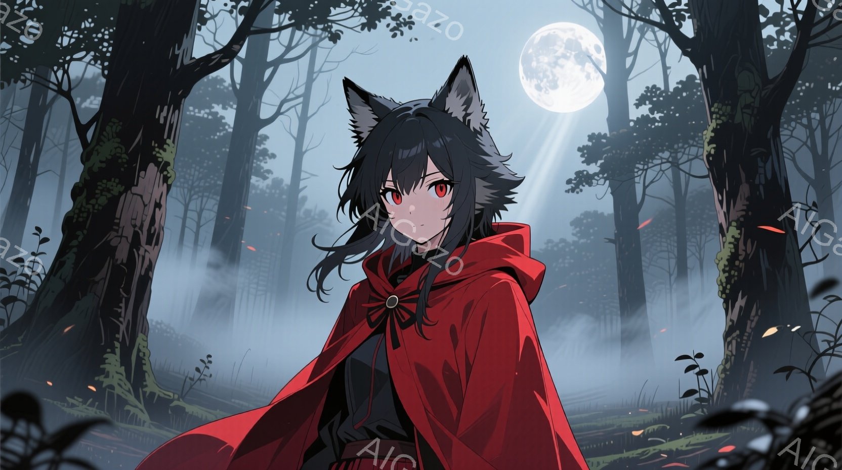 深い森の中に立つ少女は、黒髪で、耳のようなものが生えている。赤いフード付きの外套を羽織り、表情はどこか冷たく、鋭い眼光で正面を見つめている。背景には霧が立ち込め、月光が木々の間から差し込み、神秘的で少し不気味な雰囲気を醸し出している。