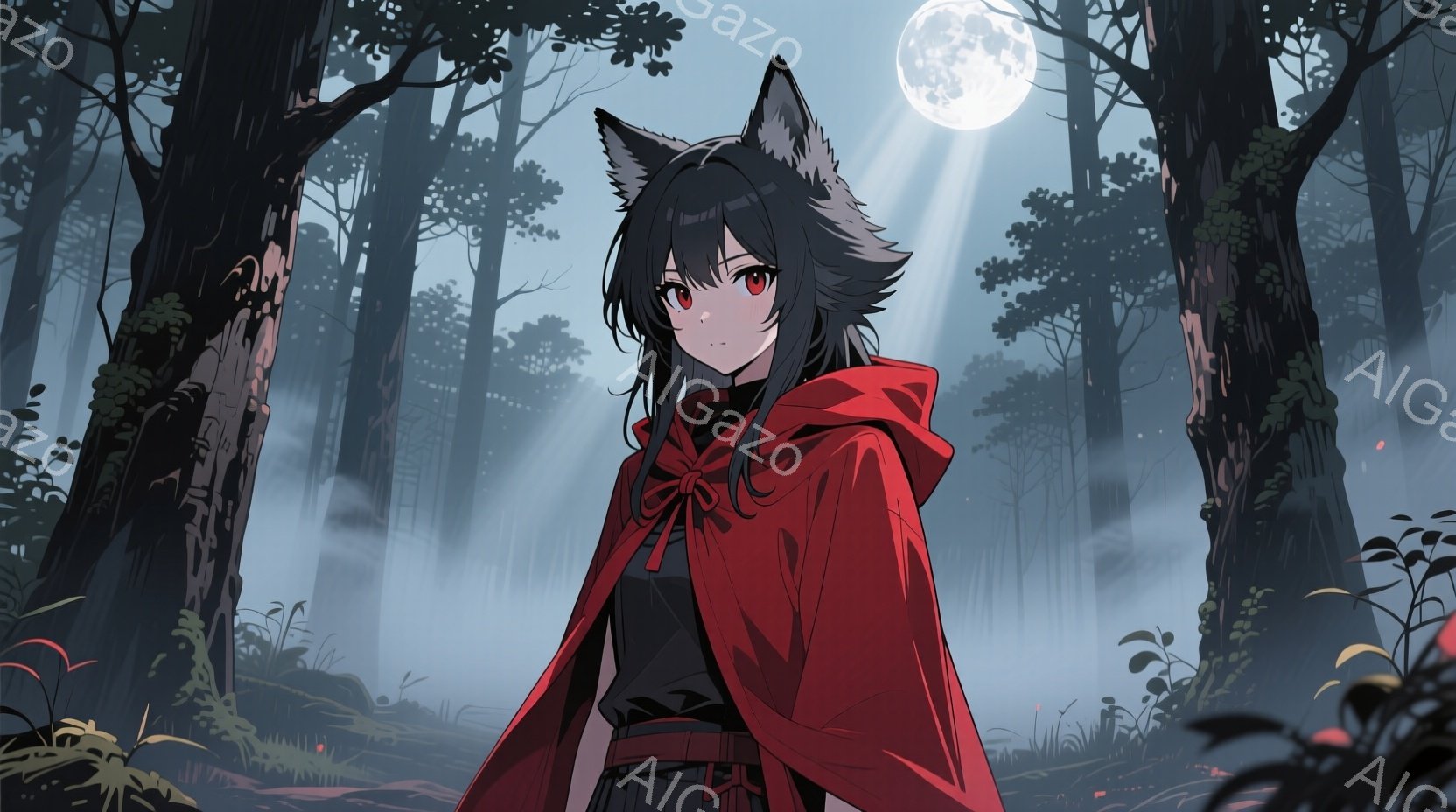 深い森の中に立つ少女は、赤いフード付きのケープを羽織り、黒い服を着ています。彼女は黒髪で、耳の形をした髪飾りを付けており、鋭い眼差しで正面を見ています。背景には霧が立ち込め、月光が木々の間から差し込み、神秘的で少し不気味な雰囲気を醸し出しています。