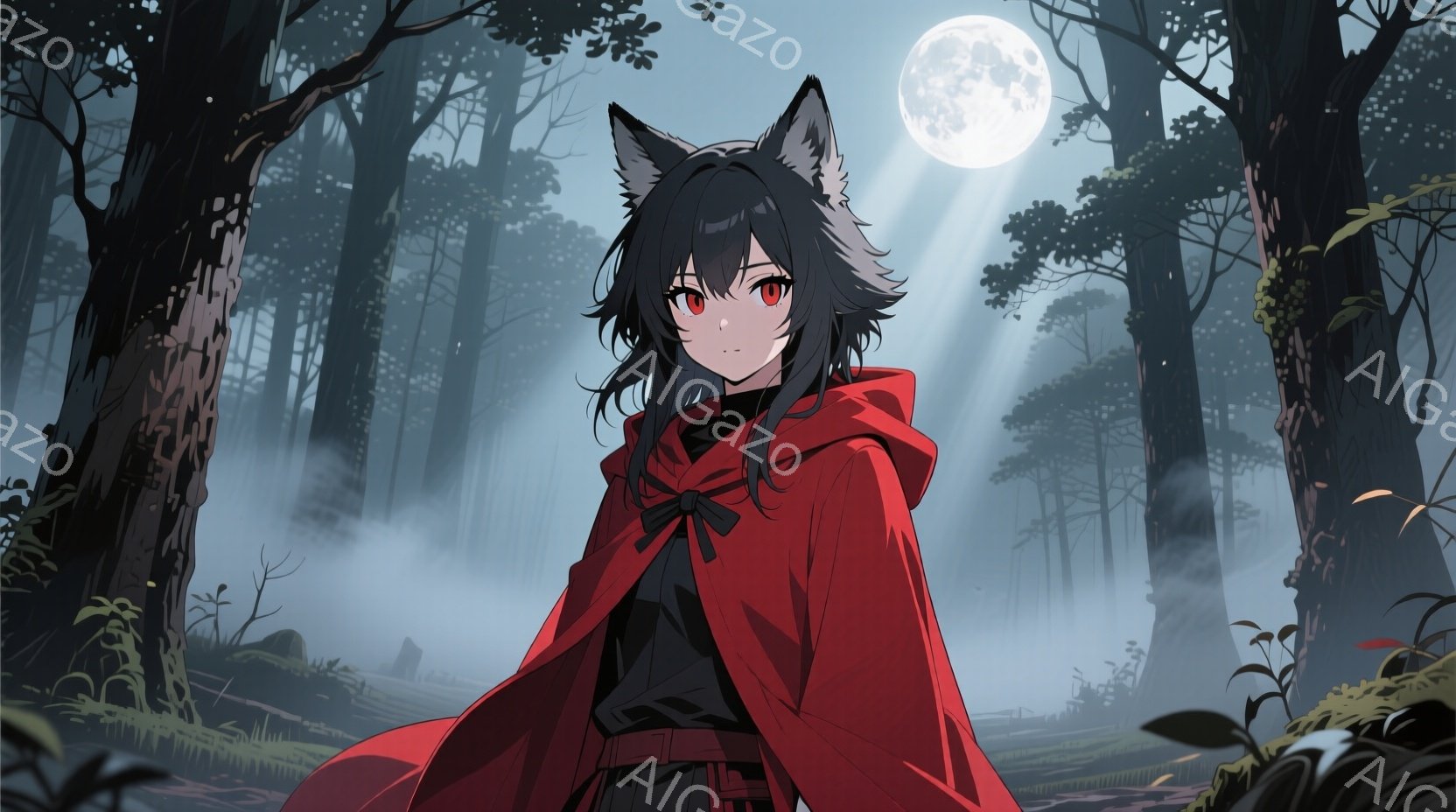 深紅のフード付き外套を羽織った少女が描かれています。黒髪で、耳のような飾りがあり、鋭い眼差しで正面を見据えています。背景は霧が立ち込める森林で、月明かりが木々の間から差し込み、神秘的で少し不気味な雰囲気を醸し出しています。