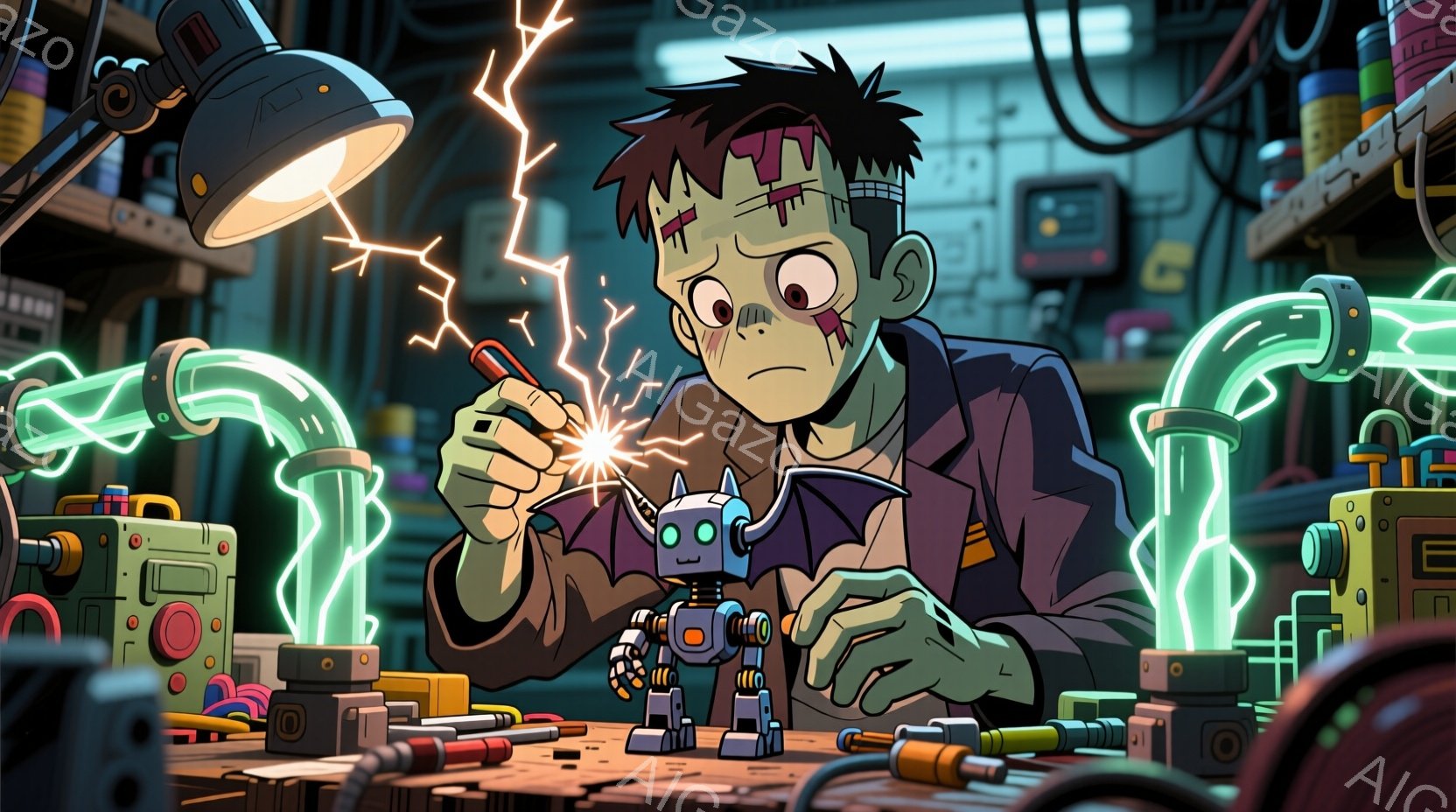 緑色の肌をした、フランケンシュタイン風のキャラクターが、小さなロボットを修理している様子が描かれています。彼は紫色のジャケットと黒いシャツを着ており、乱れた黒髪と集中した表情をしています。背景には、配管や電子機器が複雑に絡み合ったラボのような空間が広がっており、全体的に活気があり、科学的な雰囲気が漂っています。