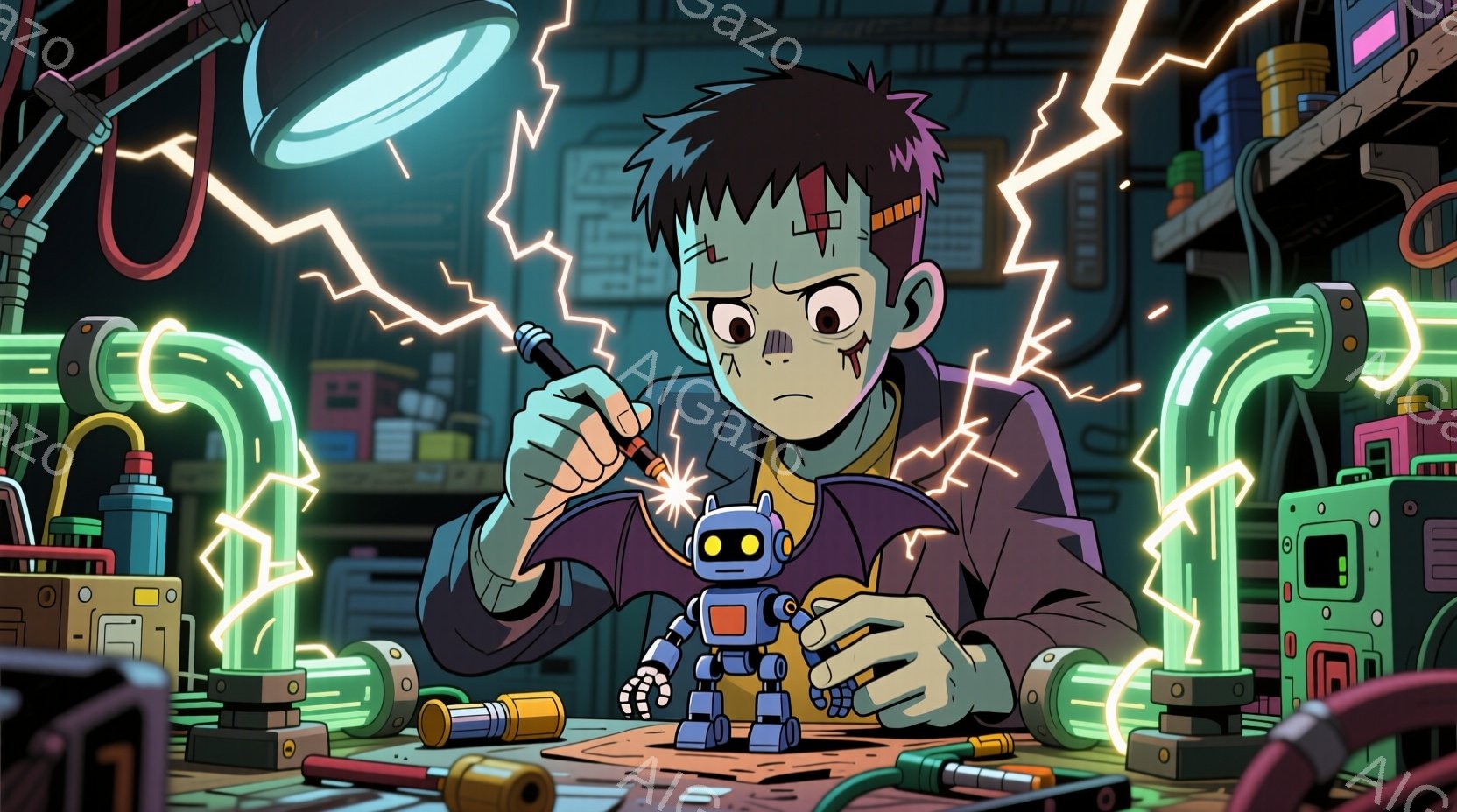 フランケンシュタイン風の少年が小さなロボットを修理している様子を描いています。少年は緑色の肌、黒い髪、そして不機嫌そうな表情をしており、茶色のオーバーオールを着ています。背景には、複雑な配管や電気機器が散りばめられた実験室のような空間が広がっており、全体的に活気とエネルギーに満ちた雰囲気です。