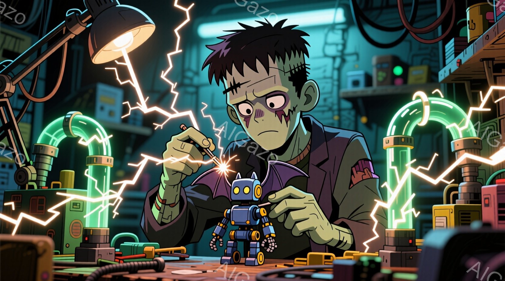 フランクenstein風の緑色の肌をした男性が、小さなロボットを慎重に組み立てています。彼は茶色の髪、不機嫌そうな表情、そして作業着のような服を着ています。背景は、管や機械が密集した実験室で、電気が走り、全体的に不気味でありながらもコミカルな雰囲気を醸し出しています。