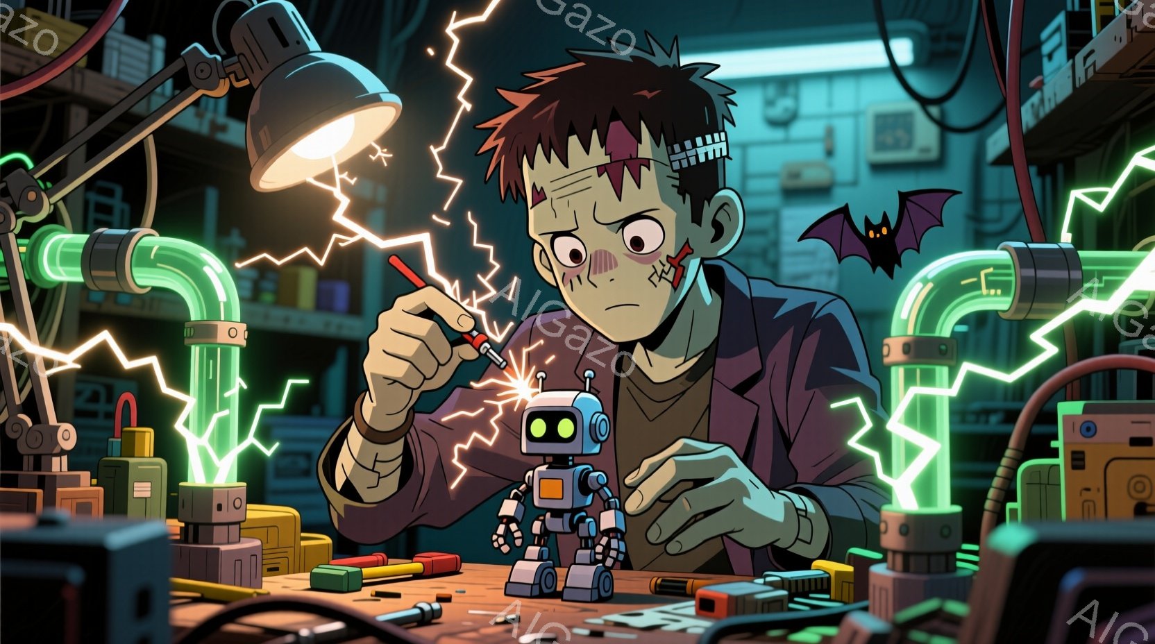 若い科学者がロボットの修理に没頭している様子が描かれている。彼は緑色の髪、眉間に皺を寄せた表情、そして実験着を身につけており、集中した様子が伺える。背景には奇妙な構造物やパイプが走り、雷のような光が飛び交う様子から、怪しげで活気のある実験室の雰囲気が伝わってくる。