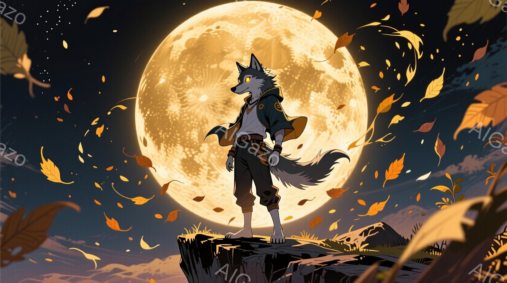 灰色の毛並みを持つ人狼のようなキャラクターが、岩の頂上に立っている。彼は黒いシャツに茶色のジャケット、カーキ色のズボンを着用し、片手を腰に当て、遠くを見つめている。背景には巨大な満月が輝き、周囲には舞い散るオレンジ色の葉が散りばめられ、秋の夜の静かで神秘的な雰囲気を醸し出している。