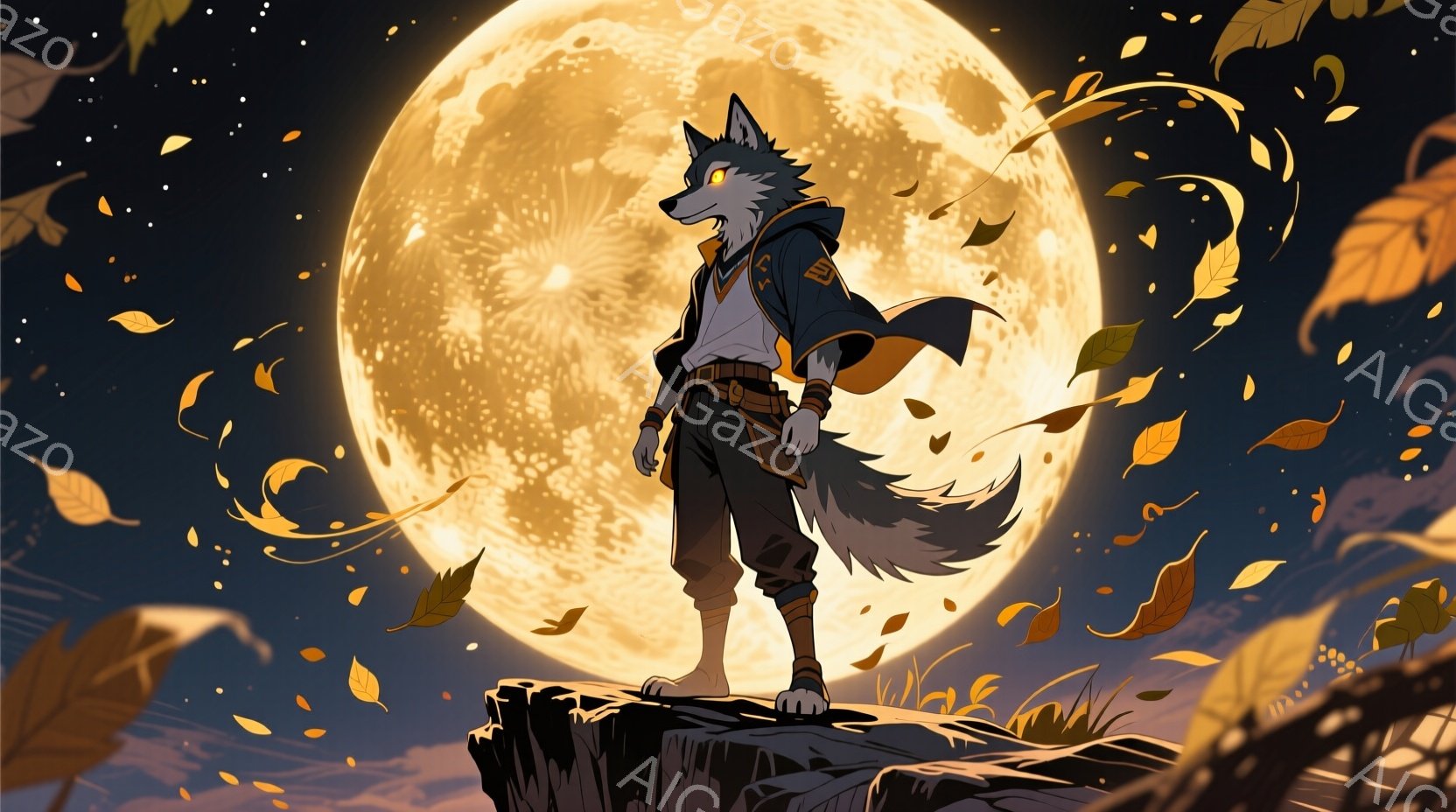狼のような特徴を持つキャラクターが、岩の上に立っている様子を描いています。キャラクターは、ダークグレーのズボンと黒いジャケットに身を包み、首に赤いスカーフを巻いています。背景には巨大な満月が輝き、周囲には舞い散る紅葉が描かれ、神秘的で物憂げな雰囲気を醸し出しています。