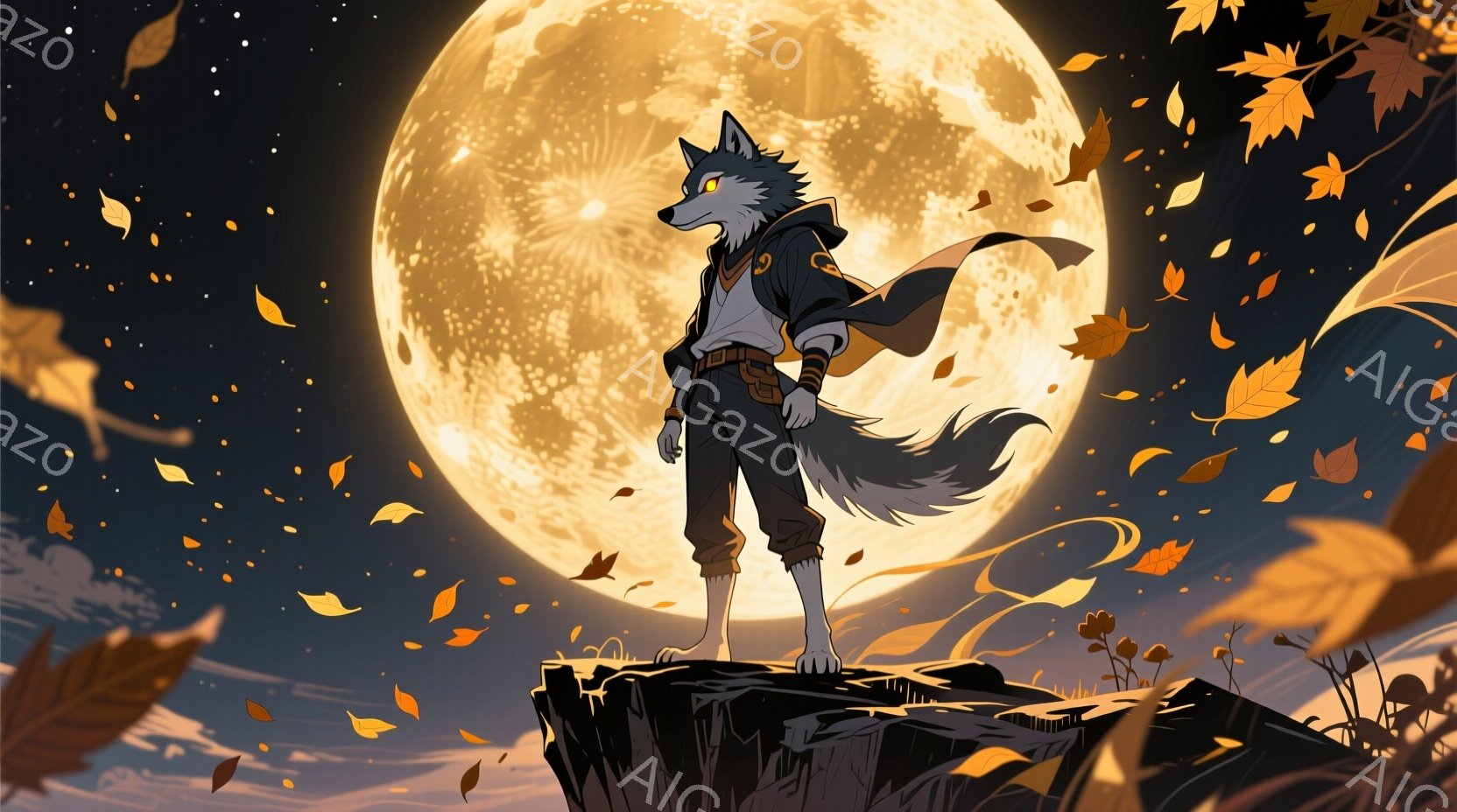 灰色の毛並みを持つ獣人男性が、切り立った崖の上に立っている。黒いパーカーと短いズボンを身につけ、腰にはベルトを巻いている。背景には満月が輝き、落ち葉が舞い散る秋の夜空が広がっており、物悲しいながらも力強い雰囲気を醸し出している。