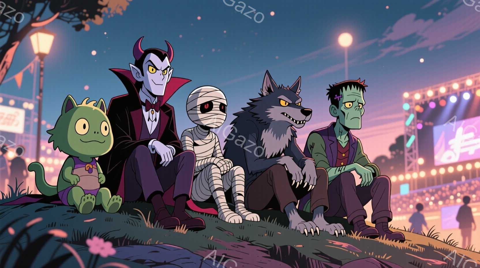ハロウィーンをテーマにしたキャラクターたちが丘の上に座って描かれています。吸血鬼、ミイラ、狼男、そして小さな緑色のモンスターがおり、それぞれ特徴的な衣装を身につけています。背景には、夜の遊園地のような賑やかな光景が広がり、ピンクと紫がかった夕焼け空が幻想的な雰囲気を醸し出しています。