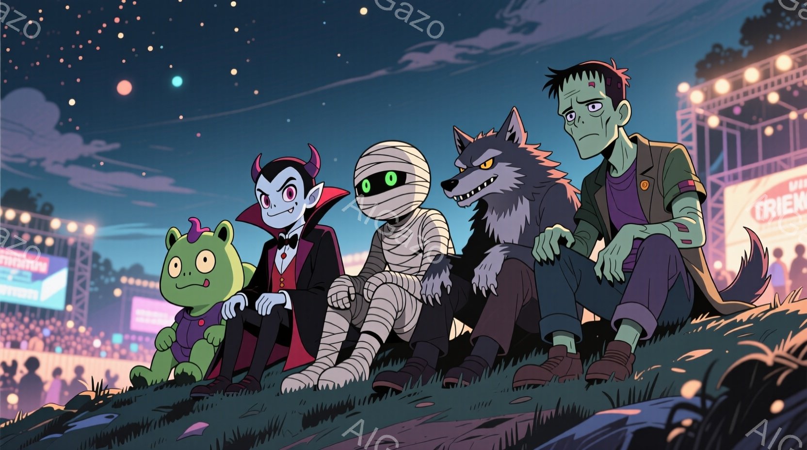 丘の上に、吸血鬼、ミイラ、狼男、フランケンシュタインのモンスターたちが並んで座っています。吸血鬼は赤いスーツを着ており、ミイラは包帯で覆われ、狼男は毛むくじゃらの姿で、フランケンシュタインはジャケットを着ています。背景には夜空と光り輝く都市の景観が広がり、少し不気味ながらもコミカルな雰囲気を醸し出しています。