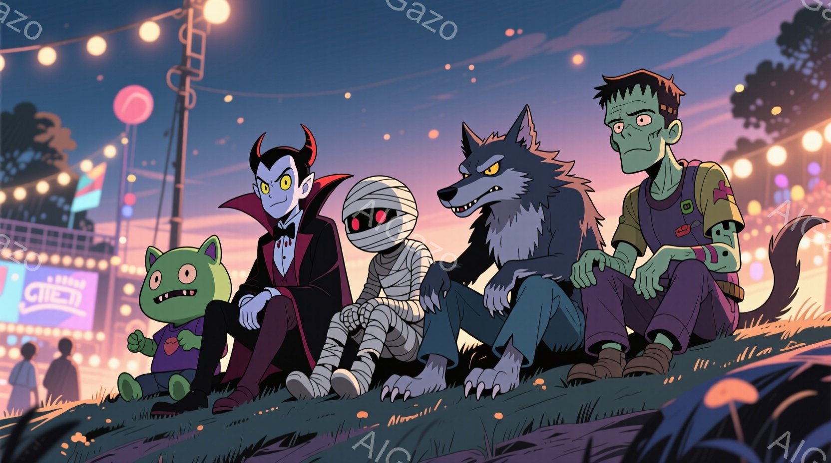 丘の上に、モンスターたちが集まっている様子が描かれている。吸血鬼は赤いジャケットを着て、自信ありげな笑みを浮かべ、ミイラ男は包帯で覆われながらリラックスした姿勢を見せている。背景には遊園地のような明るい光景が広がり、夜空には星が輝き、全体的に陽気で楽しい雰囲気が漂っている。