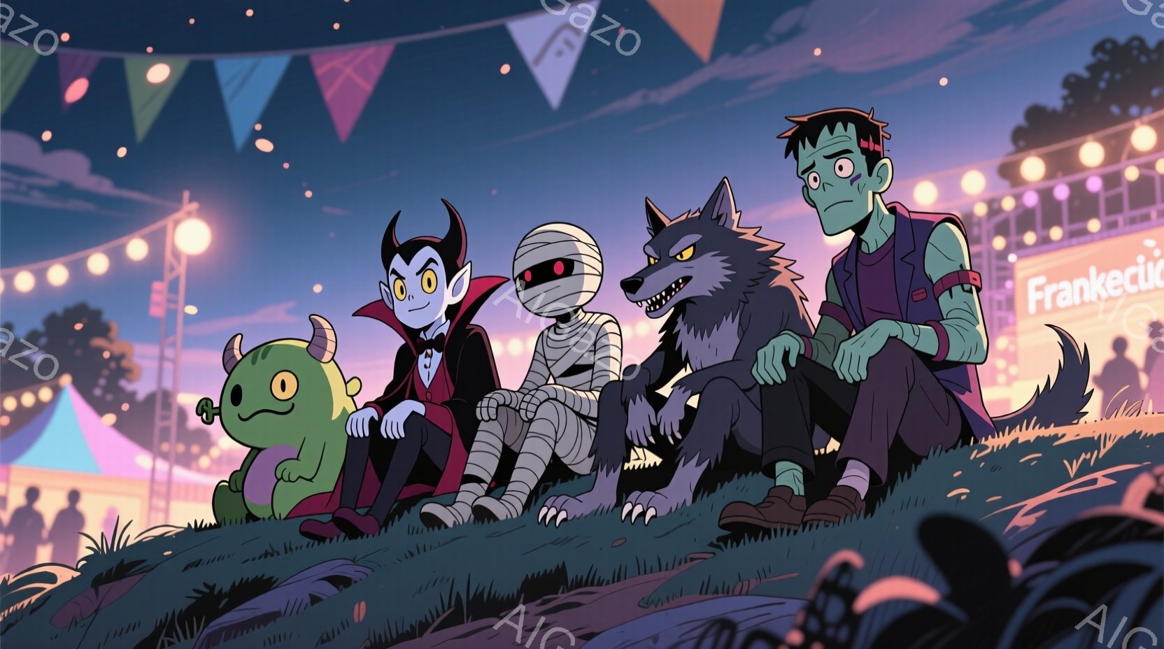 鮮やかな背景に、フランケンシュタイン、狼男、ミイラ、小さな緑色のモンスターの4人が丘の上に座って楽しんでいる様子が描かれている。フランケンシュタインは緑色の肌で、狼男は黒い毛並みで、ミイラは包帯で覆われ、モンスターは紫色の角と笑顔が特徴的だ。背景にはぼんやりとした建物や観客、そして夜空に輝く光の装飾があり、お祭りのような活気ある雰囲気を醸し出している。
