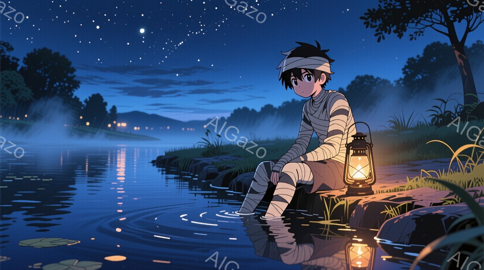 包帯で全身が覆われた少年が、水辺の岩の上に座っている。彼は短い黒髪で、少し憂いを帯びた表情をしている。背景には穏やかな水面、草が生い茂る岸辺、そして星空が広がり、２つのランタンが水面にぼんやりと反射して、静かで幻想的な雰囲気を醸し出している。