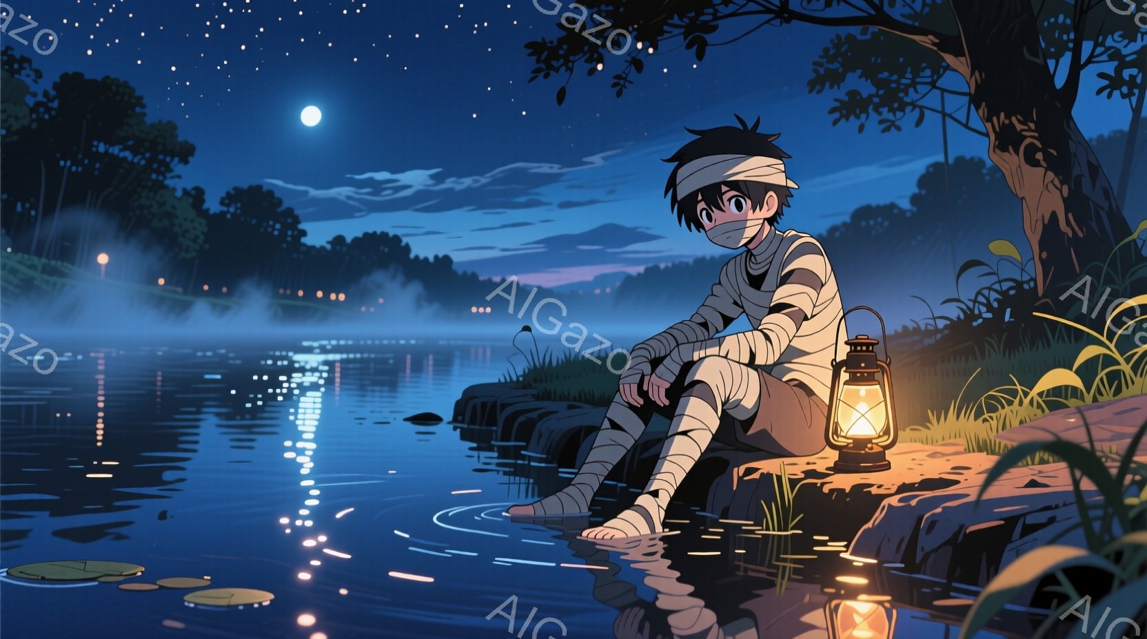 長い黒髪を無造作にまとめ、頭に包帯を巻いた少年が、水辺の岩の上に座っている。足は水に浸かり、膝を抱え、どこか物憂げな表情をしている。背景には、薄暗い森、水面に反射する月光と街の灯りが広がり、静かで幻想的な雰囲気を醸し出している。