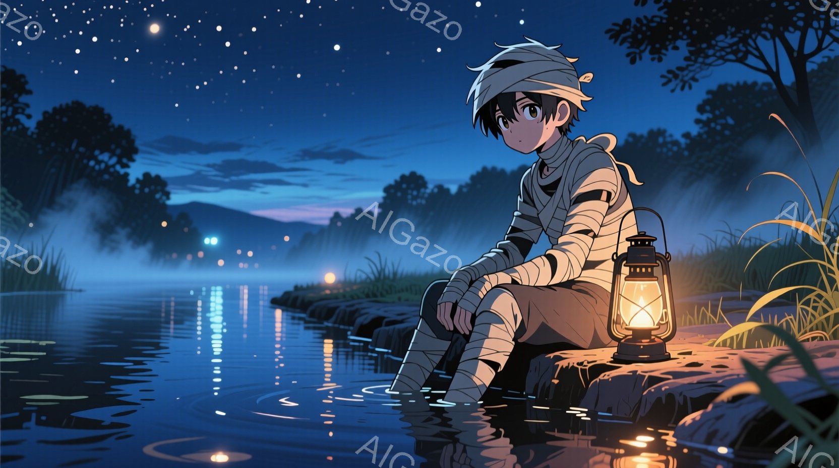 少年は包帯で頭や腕を覆っており、少し疲れた表情をしている。彼は川のほとりで膝を抱え、古いランプを手に持っている。背景には夜の森が広がり、水面に星とランプの光が反射し、幻想的で静寂な雰囲気を醸し出している。