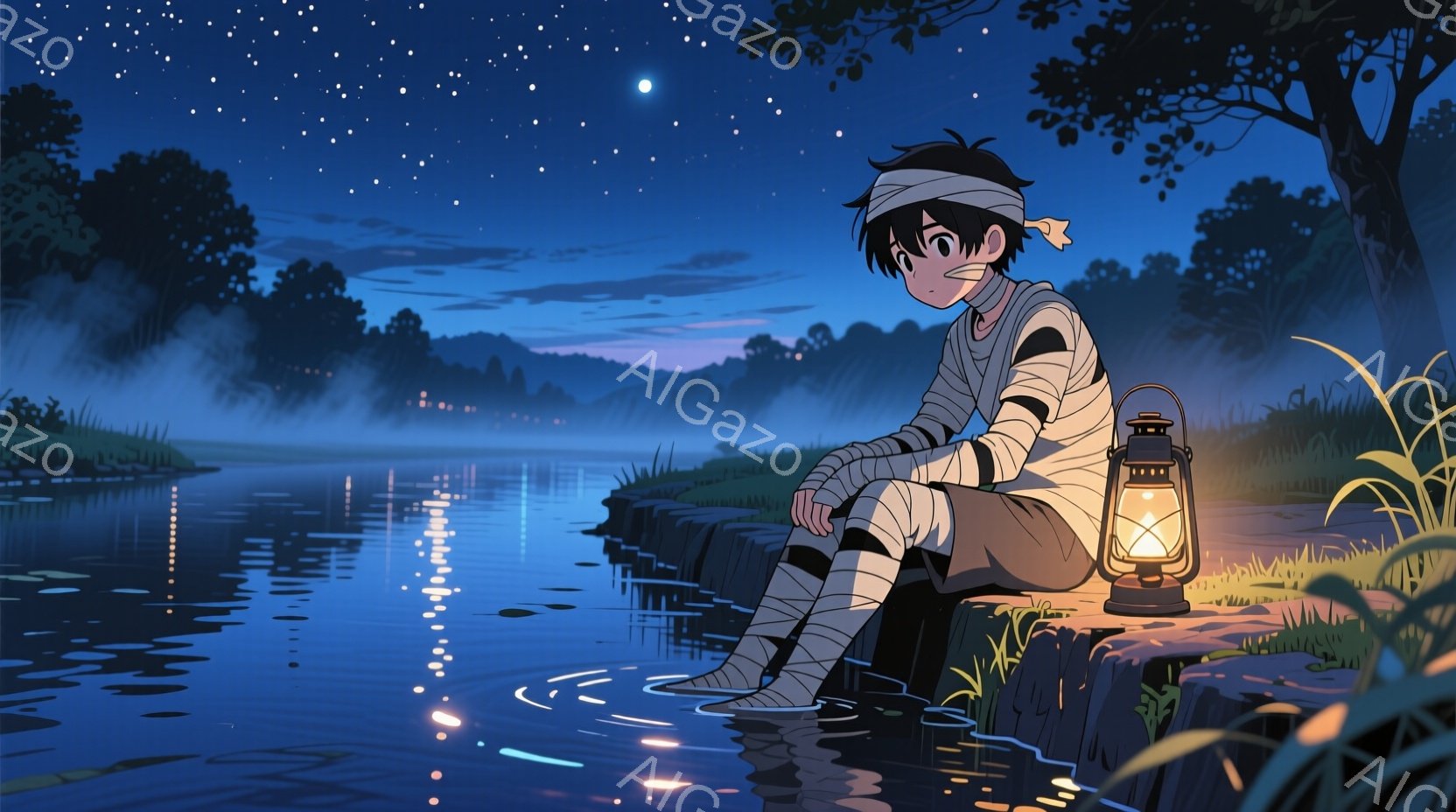 若い男性が、足だけ水につけた状態で川岸に座っている。包帯のようなもので脚を覆い、頭には白い布を巻いている。背景には暗い森と水面に反射する星空が広がり、手には灯りがともったランタンを持っており、物憂げな - AI生成フリー素材
