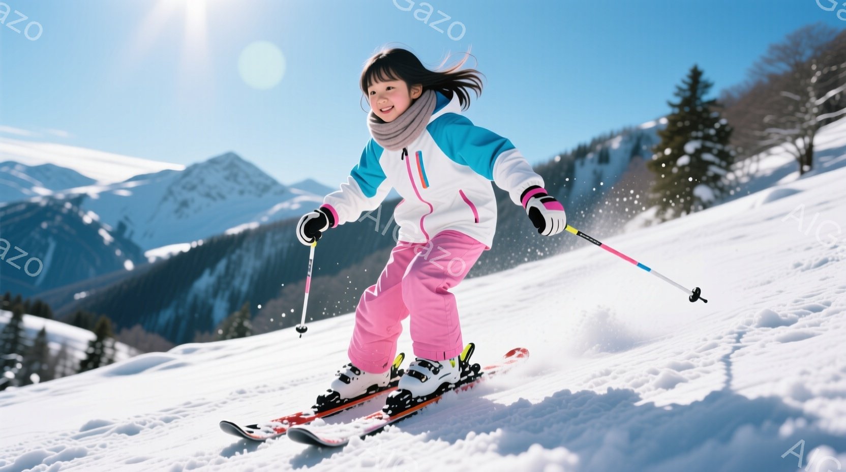 雪山をスキーで滑走する少女が写っています。ピンク色のスキーウェアに白と黒のジャケット、髪はポニーテールにされており、笑顔で滑っている様子が伝わってきます。背景には雪を頂いた山々と針葉樹林が広がり、晴天 - AI生成フリー素材