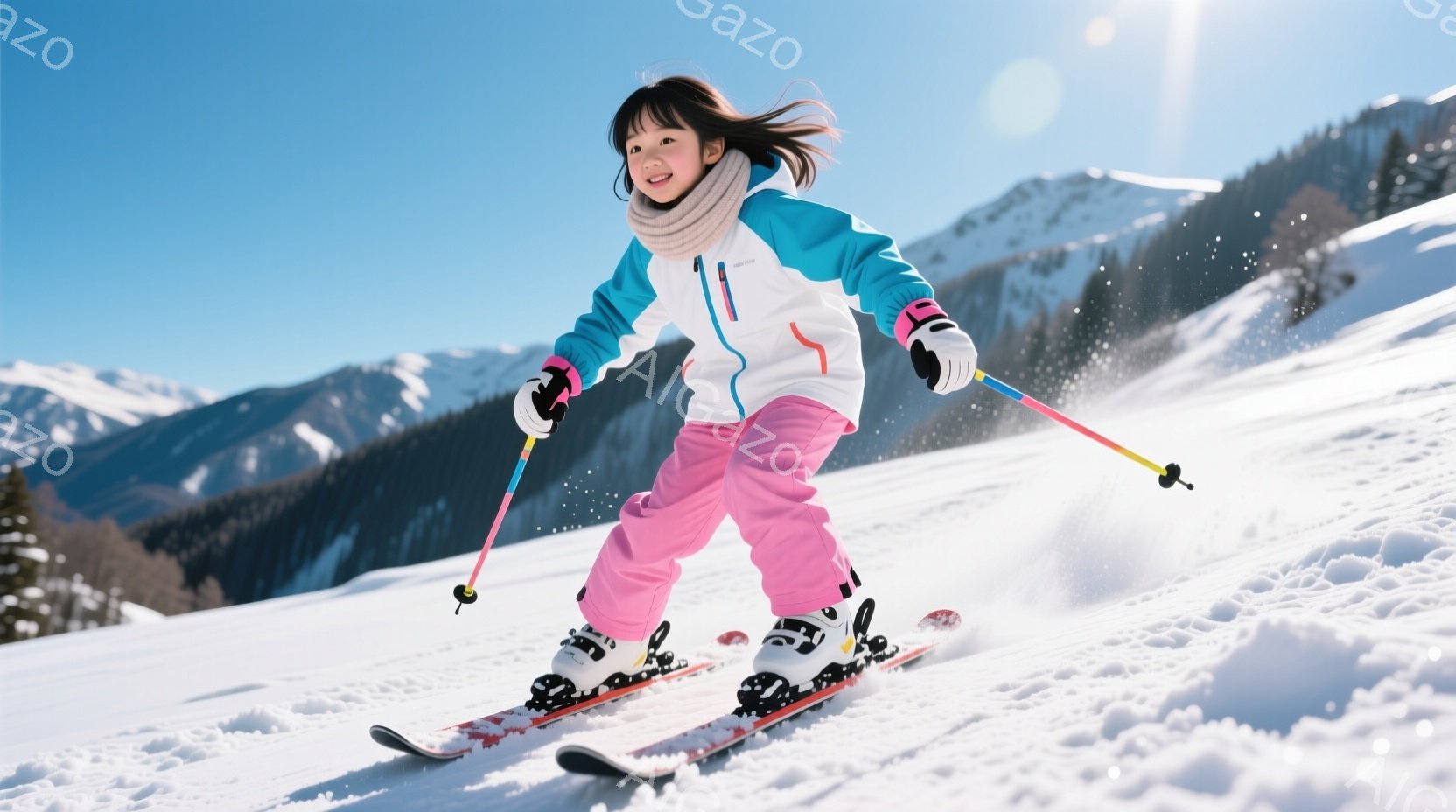 少女はピンクのスキースーツと白いジャケットを着て、雪の上をスキーで滑っている。彼女は長い黒髪を後ろで束ね、笑顔で前を見つめている。背景には雪を頂いた山々と青空が広がり、晴れた冬の日の活気ある雰囲気を伝えている。