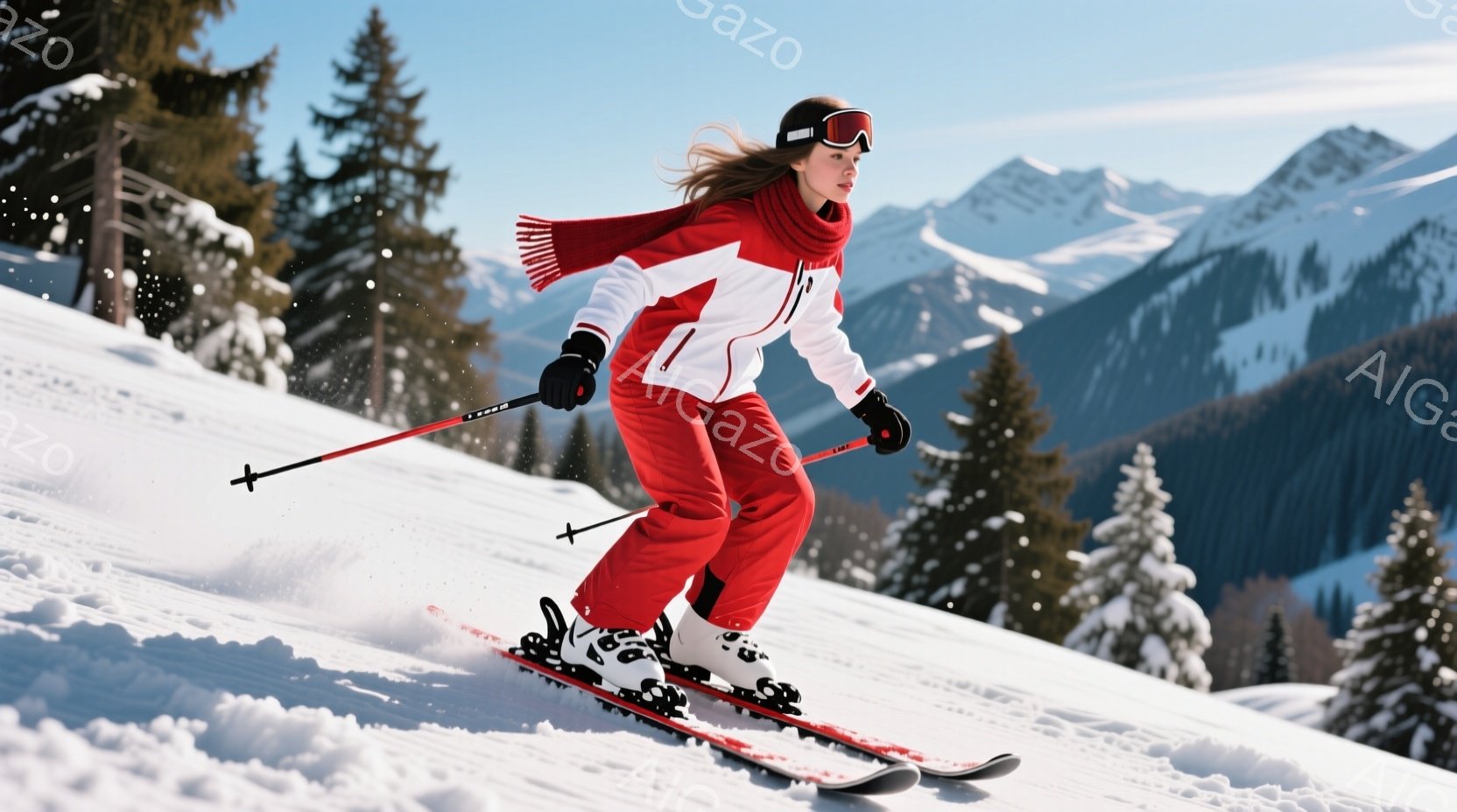 スキーヤーは鮮やかな赤色のスキースーツと白いジャケットを着ており、ヘルメットとゴーグルを着用しています。彼女は雪の上を滑っており、姿勢は低く、スピード感があります。背景には雪を頂いた山々が連なり、晴天の下、冬の活気ある雰囲気が漂っています。
