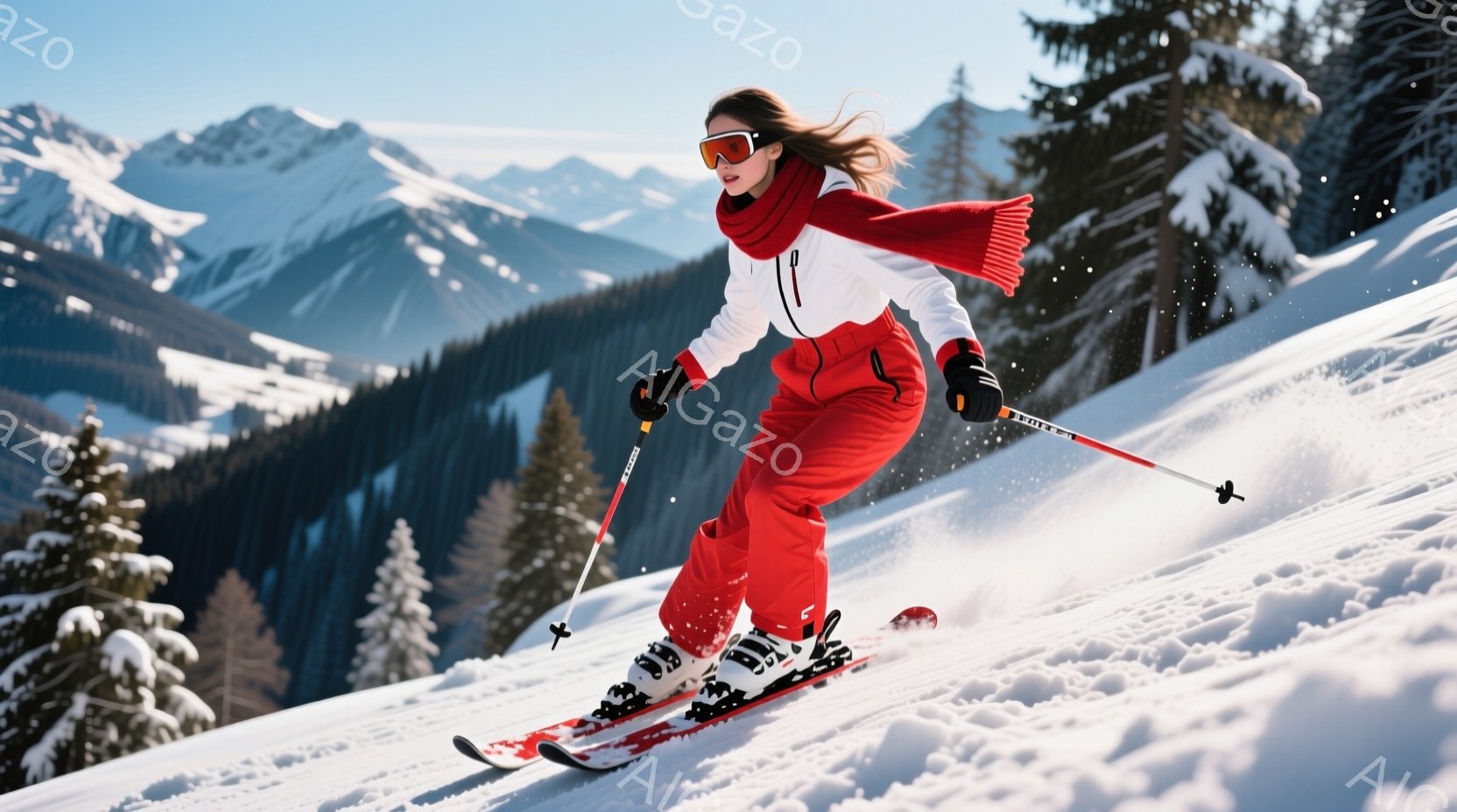 スキーヤーは赤いスキースーツと白いジャケットを着用し、雪上を滑走しています。彼女は黒いゴーグルと長い髪をなびかせ、表情は明るく、活気に満ちています。背景には雪を頂いた山々が連なり、晴天のもと、爽やかで冬の雰囲気が漂っています。
