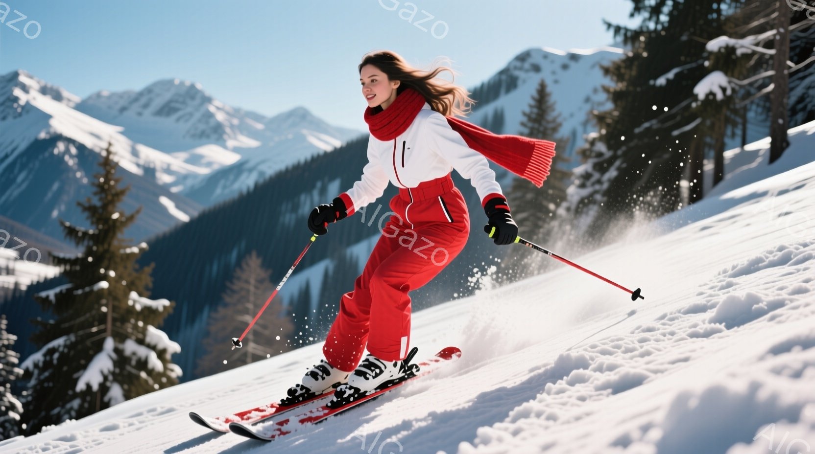 赤いスキースーツに白いセーターを着た女性が、雪山を滑走している。彼女は長く茶色の髪を後ろで束ね、笑顔で滑っている様子が伝わる。背景には雪をまとった山々が広がり、晴れた冬の空が広がっている。 - AI生成フリー素材