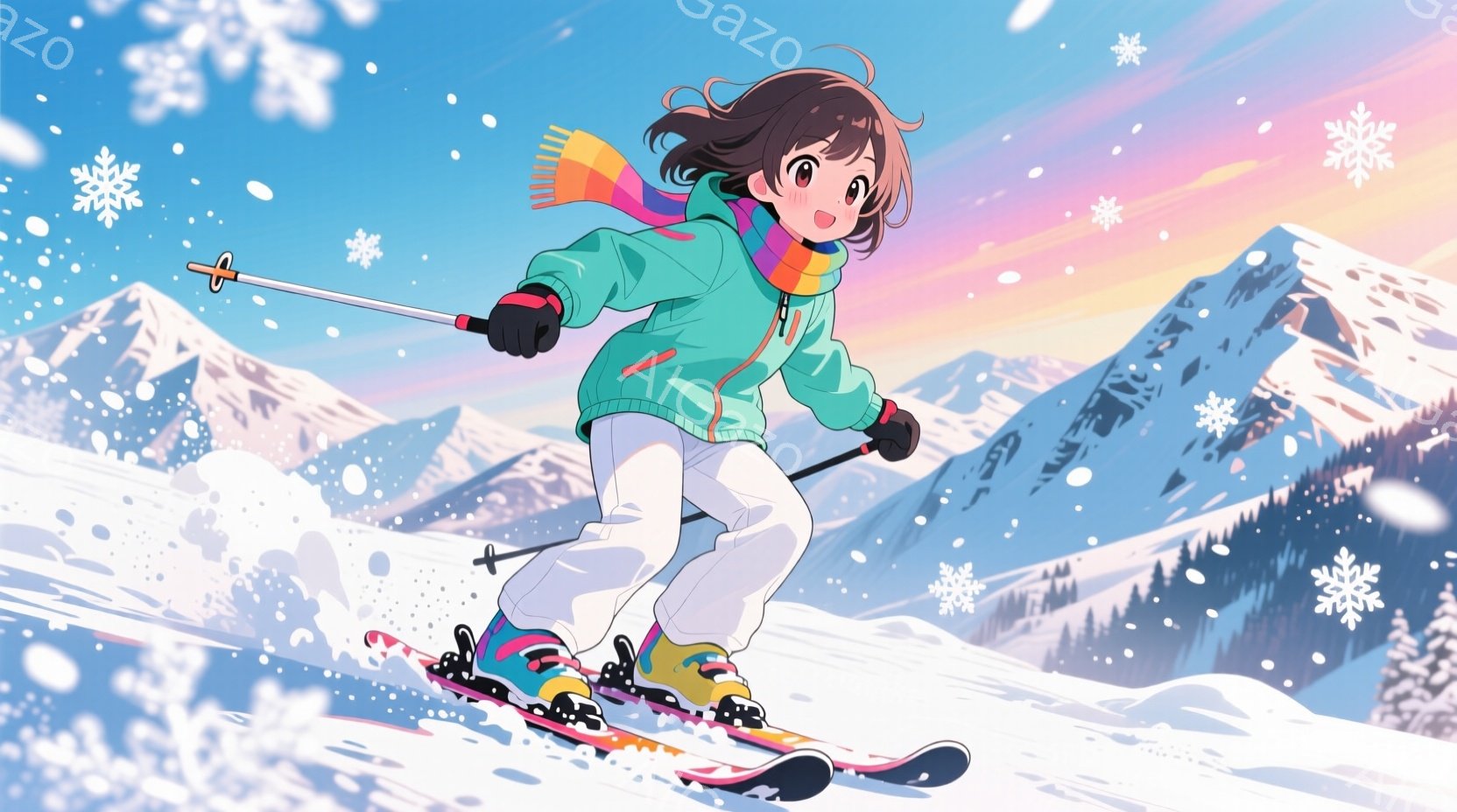 少女はスキー板に乗り、雪山を滑走している。明るい緑色のスキーウェアにオレンジ色のマフラーを巻き、茶色の髪を振りながら楽しそうに微笑んでいる。背景には雪をまとった山々と、降雪の風景が広がり、活気に満ちた - AI生成フリー素材