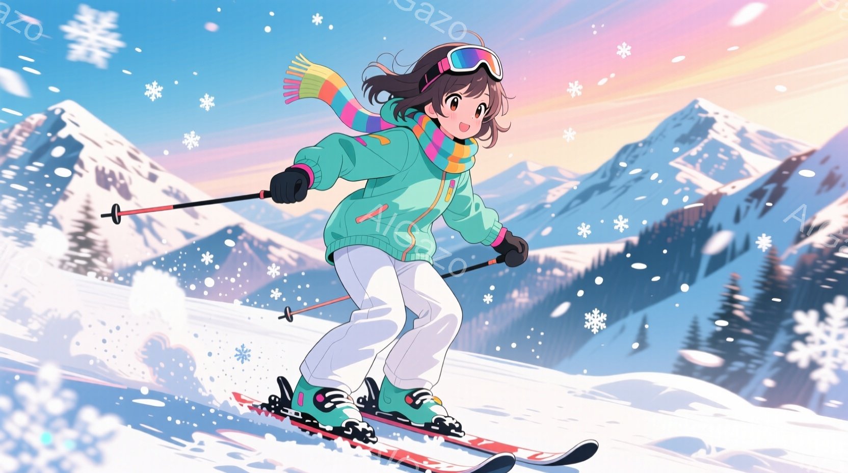 スキーをする少女が描かれており、明るい緑色のスキーウェアに白のズボンを着用し、ピンクと黄色のストライプのネックウォーマーを巻いている。彼女は滑降姿勢で、少し微笑んでおり、雪煙が舞う雪山を背景に活気に満 - AI生成フリー素材