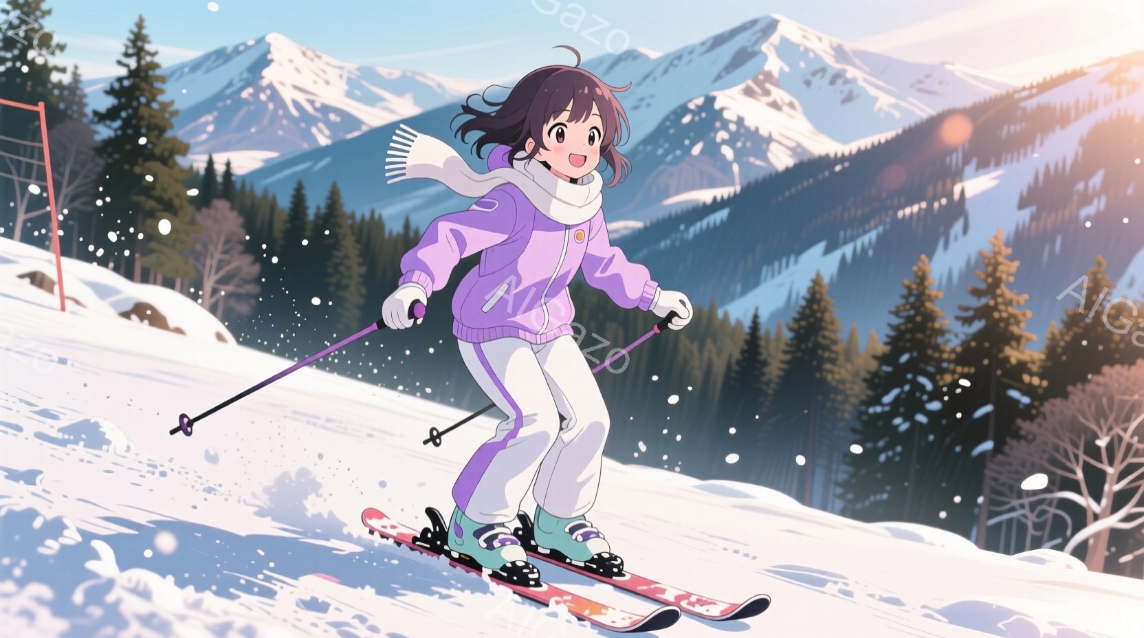 雪山をスキーで滑走する少女が描かれています。紫色のスキーウェアに白いマフラーを巻き、黒髪を少しカールさせたヘアスタイルで、笑顔を見せています。背景には緑豊かな針葉樹林と雪を頂いた山々が広がり、雪が舞う冬の景色が広がっています。