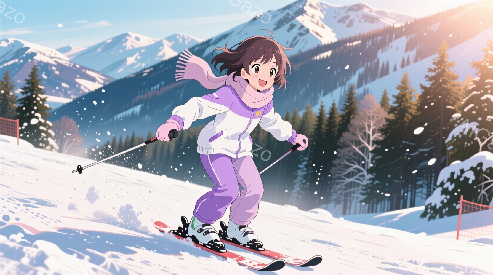 スキーウェアを着た少女が雪山を滑走している様子が描かれている。ピンクと紫色のスキーウェアに、長い茶色の髪をなびかせ、笑顔で滑っている。背景には雪をまとった山々と森林が広がり、晴天の下、爽やかな冬の景色 - AI生成フリー素材