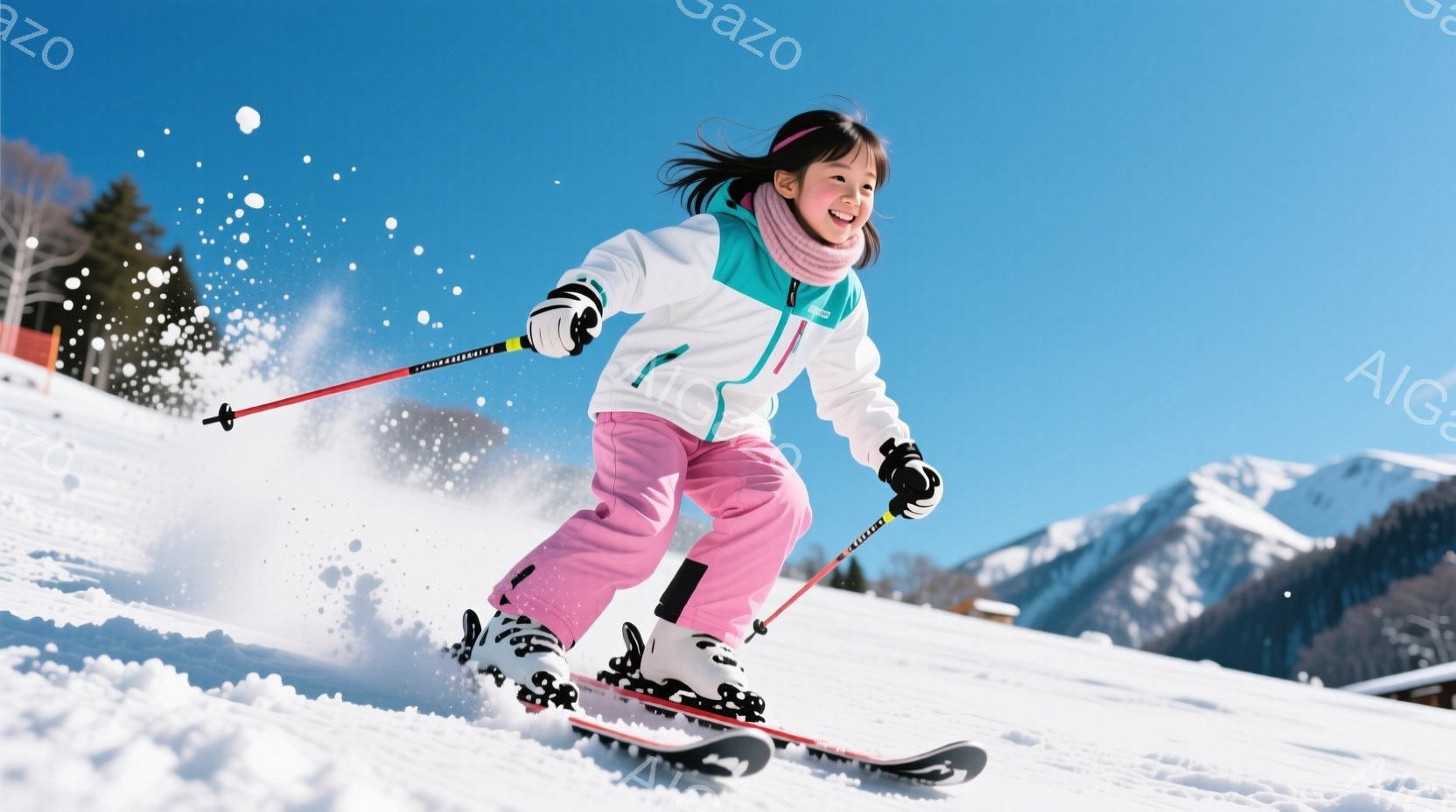 明るい雪山を少女がスキーを楽しんでいる様子が写っている。ピンクのスキーウェアに白いジャケット、黒いヘルメットを着用し、髪はポニーテールにまとめられている。背景には雪に覆われた山々と建物が見え、晴天の下 - AI生成フリー素材