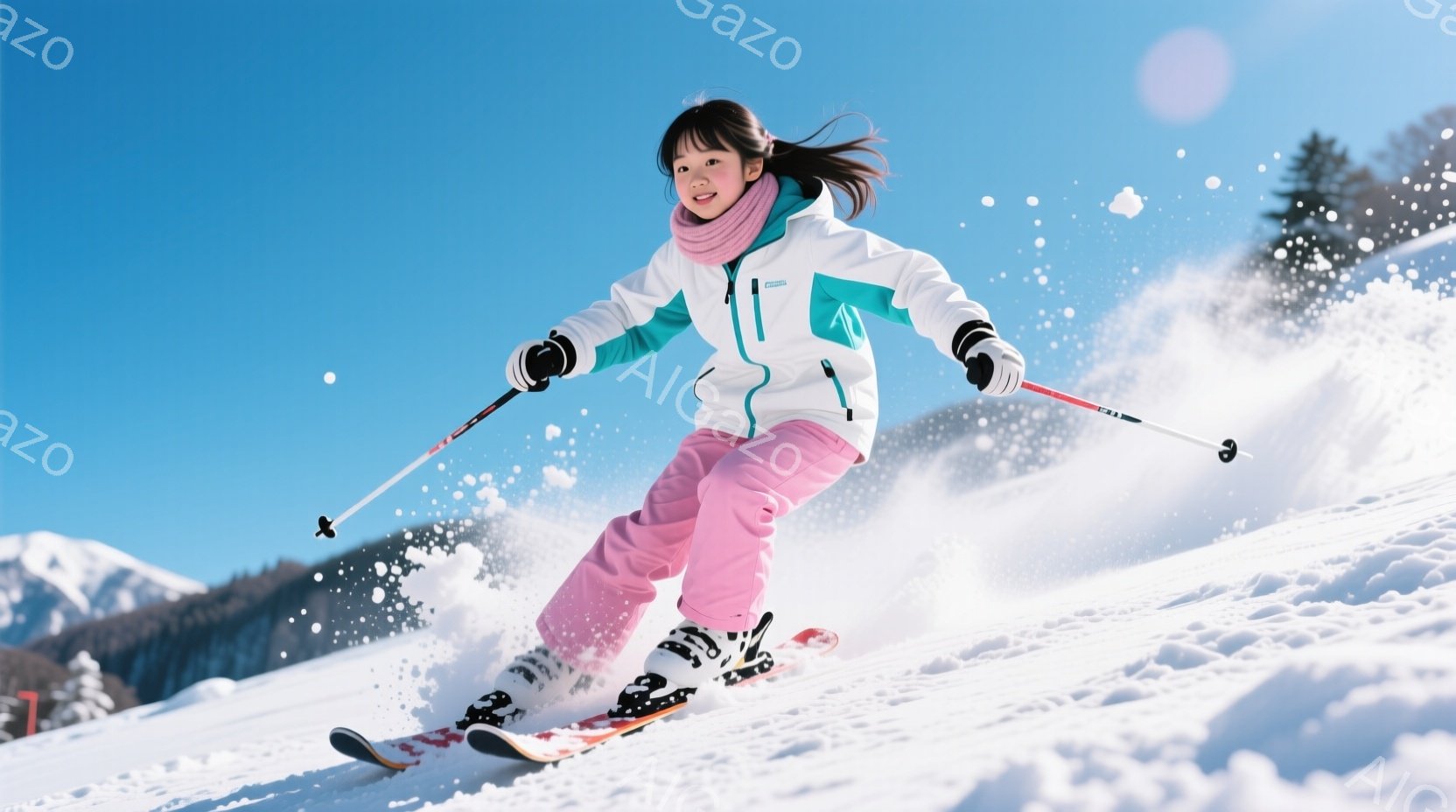 雪山を滑走する少女が写っている。ピンク色のスキーウェアに白いジャケット、黒い髪をポニーテールにし、明るい笑顔を浮かべている。背景には雪をまとった山々と青空が広がり、太陽の光が輝いている。 - AI生成フリー素材