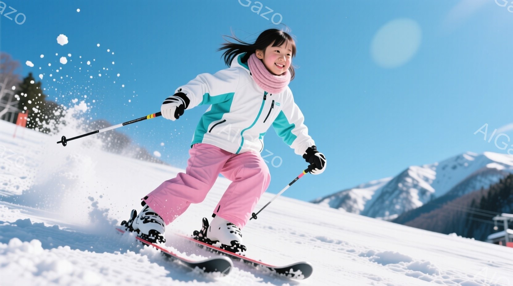 雪山を滑走する少女が写っています。ピンク色のスキーウェアに白と緑のジャケット、黒い手袋とブーツを身に着け、髪を後ろでポニーテールにしています。笑顔で前を見据え、スキー板とポールを巧みに操り、雪煙を上げて活発に滑っています。