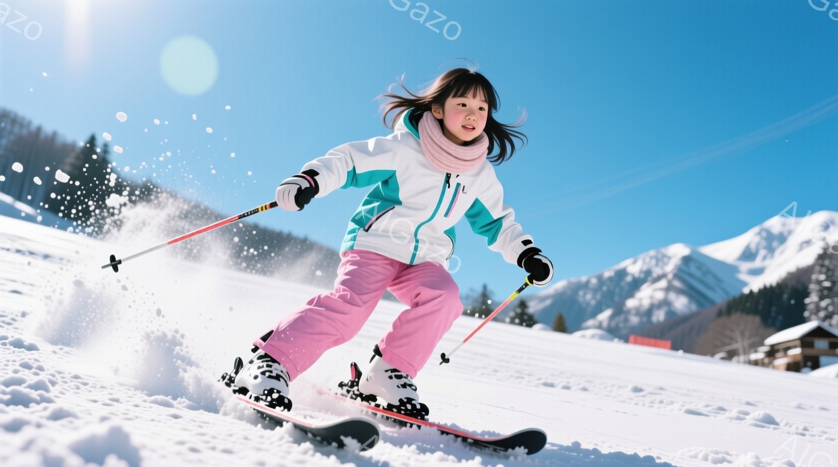 雪山をスキーで滑る少女が写っている。ピンク色のスキーウェアに、黒い髪を活発に揺らし、楽しそうな表情でスピードに乗っている。背景には雪を頂いた山々が連なり、遠くには可愛らしい木造の建物が見え、晴天の下、爽やかな冬の雰囲気が漂っている。
