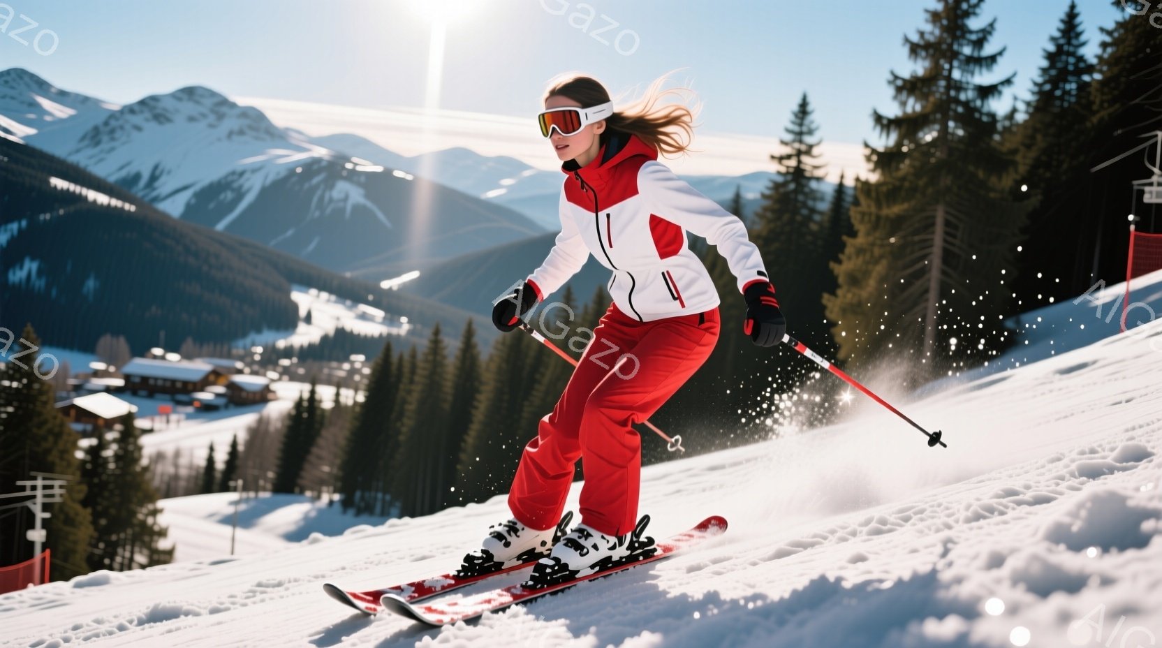 スキーヤーは、白と赤のスキーウェアを着用し、黒のゴーグルと髪を後ろで束ねた姿で、雪上を滑走しています。彼女は、スピード感のある姿勢で、スキー板とポールを使ってバランスを取りながら、雪煙を上げています。 - AI生成フリー素材