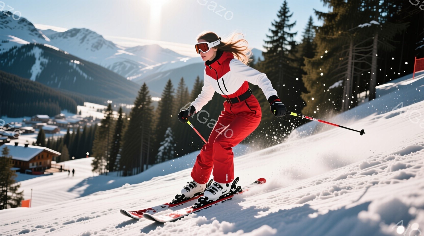 赤いスキーウェアに身を包んだ女性が、雪山を滑走している様子が写っている。彼女は黒いゴーグルを着用し、髪は後ろでまとめられているが、風になびいており、滑ることに集中した表情をしている。背景には雪を頂いた山々、木々、そして遠くに見える建物が広がり、晴天の下、爽やかで躍動感のある雰囲気が漂っている。
