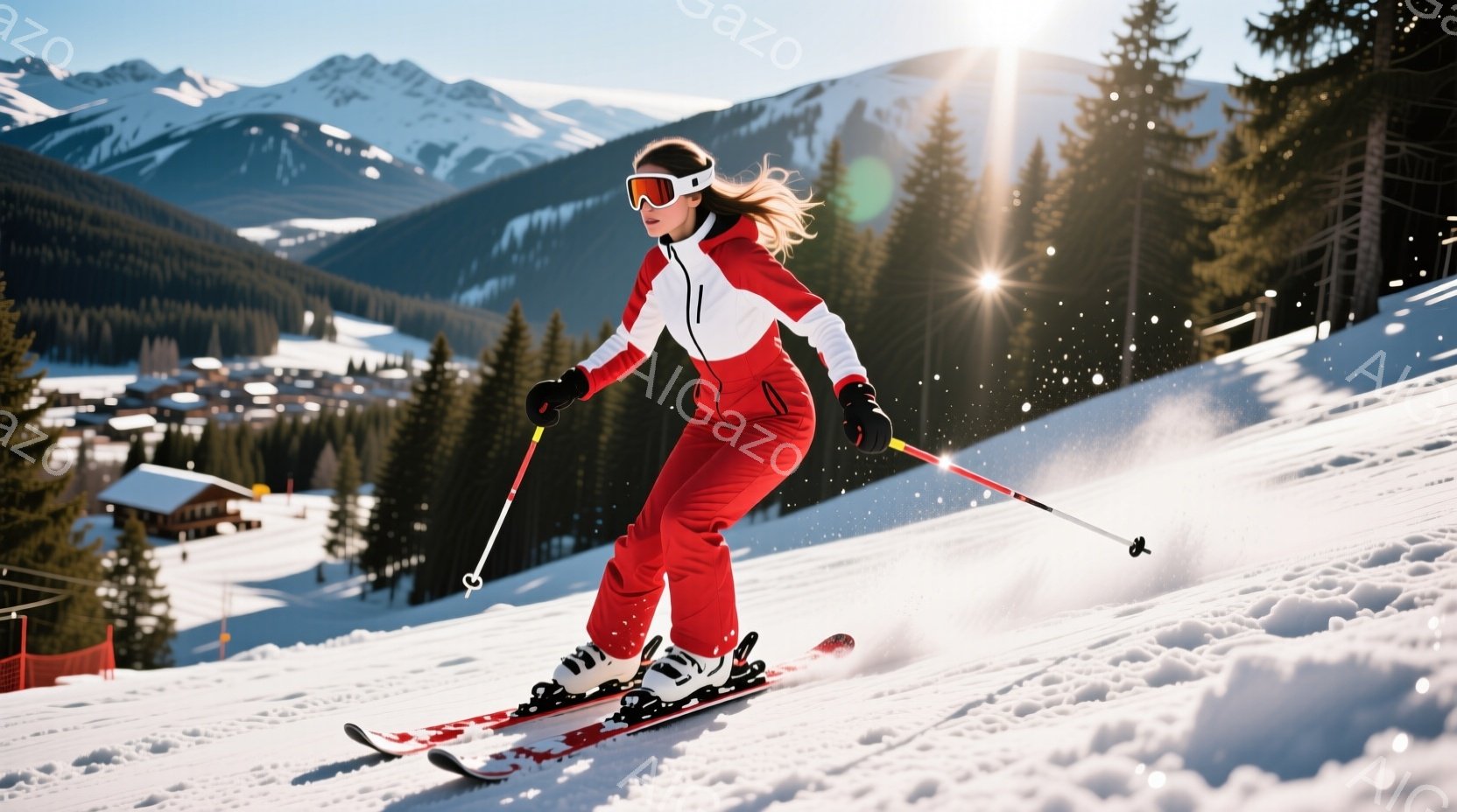 真っ赤なスキースーツに身を包んだ女性が、雪山を滑走している様子が写っている。彼女は白いヘルメットとゴーグルを着用し、金髪をスキースーツから出した状態で、スキー板を操作しながらスピードに乗っている。背景には雪を頂いた山々や建物が広がり、晴天の下、爽やかな冬の雰囲気が漂っている。