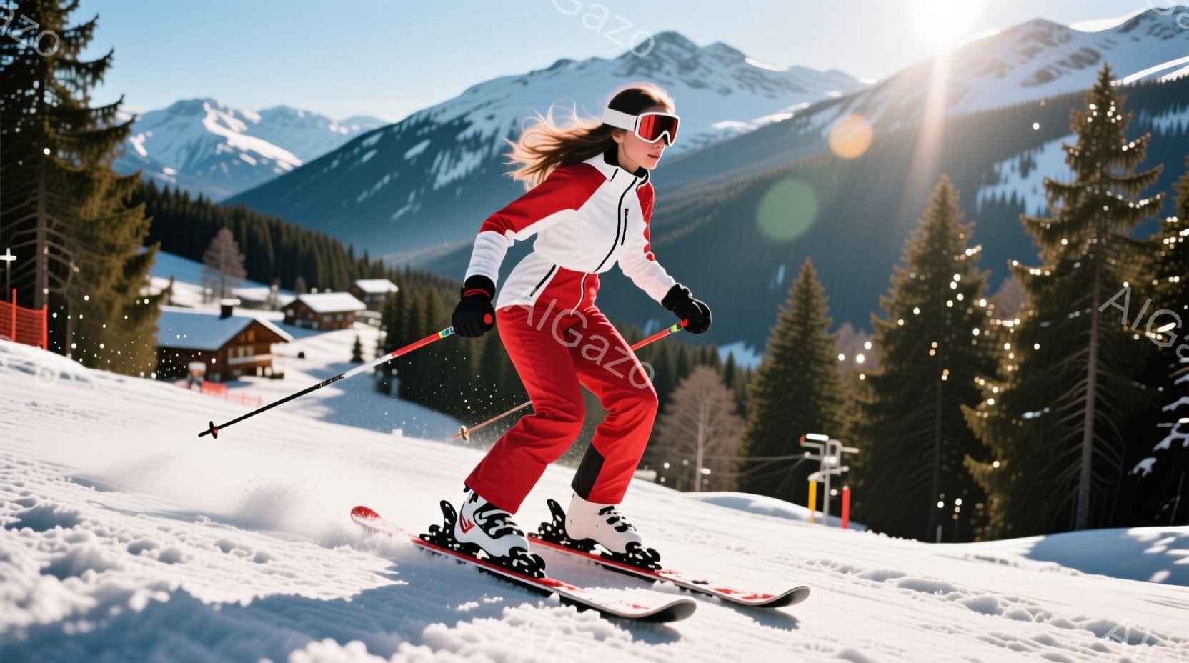 赤いスキースーツに白のストライプが入った女性が、雪山を滑走している。彼女はブロンドの髪を後ろでまとめ、ゴーグルをかけているため表情ははっきり見えないが、スピードに乗って楽しんでいる様子が伝わってくる。背景には針葉樹林と雪を頂いた山々が広がり、晴天の空の下、爽やかな冬の雰囲気が漂っている。