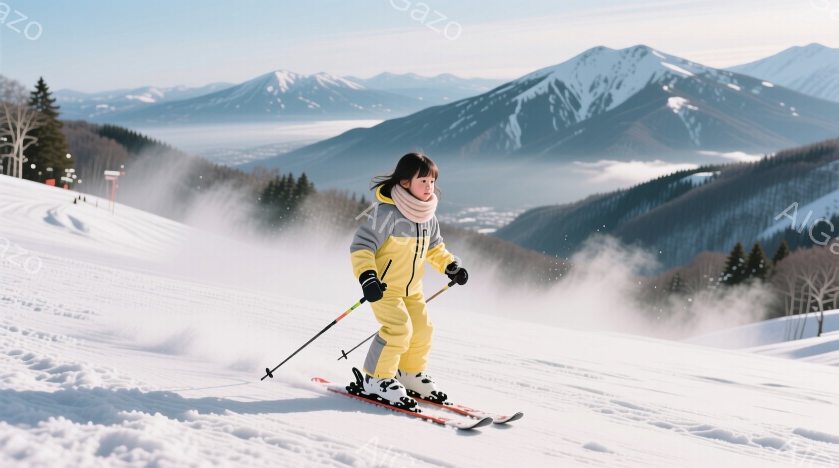 スキー場で滑走する少女が写っている。黄色いスキーウェアに、白のネックウォーマーを着用し、髪は後ろで一つに結ばれている。背景には雪を頂いた山々と、山麓の建物が見え、晴天で雪が舞う冬の日のスキー場という雰囲気である。